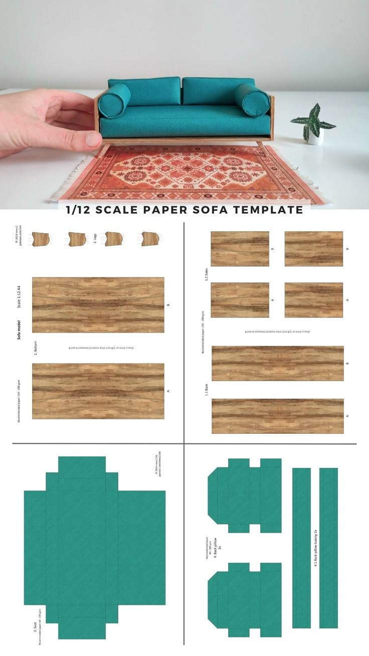 1/12 Scale Printable Paper Sofa Template For Dollhouses in Printable 3d Paper Furniture Templates