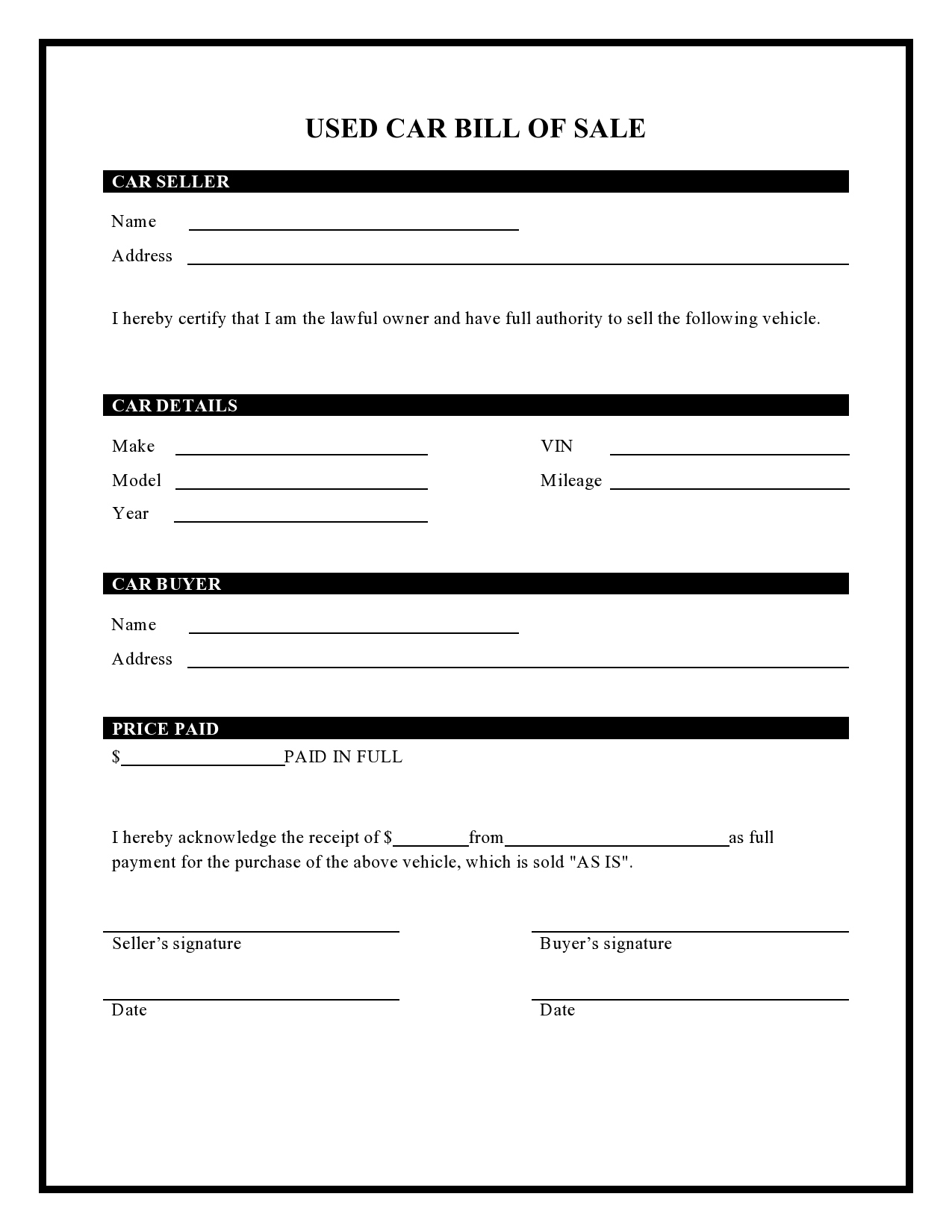40 Printable Bill Of Sale For A Car Samples [Word, Pdf] inside Used Car Printable Bill of Sale