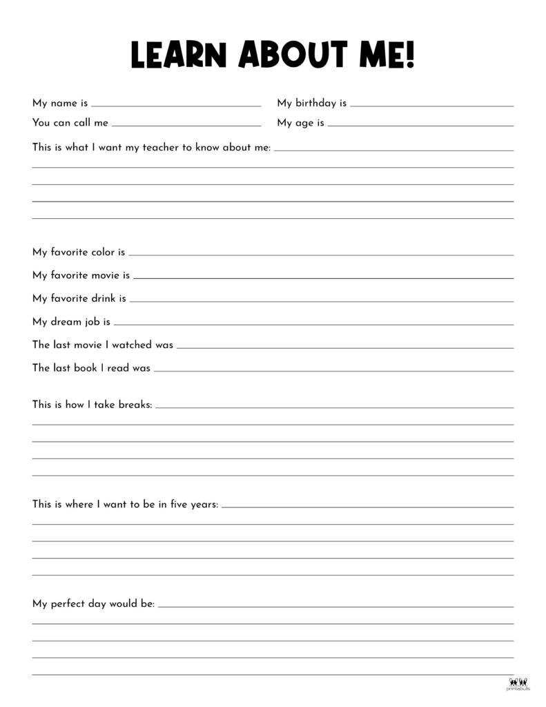 All About Me Printable Worksheets - 50 Free Printables in Printable Fun Worksheets For Adults