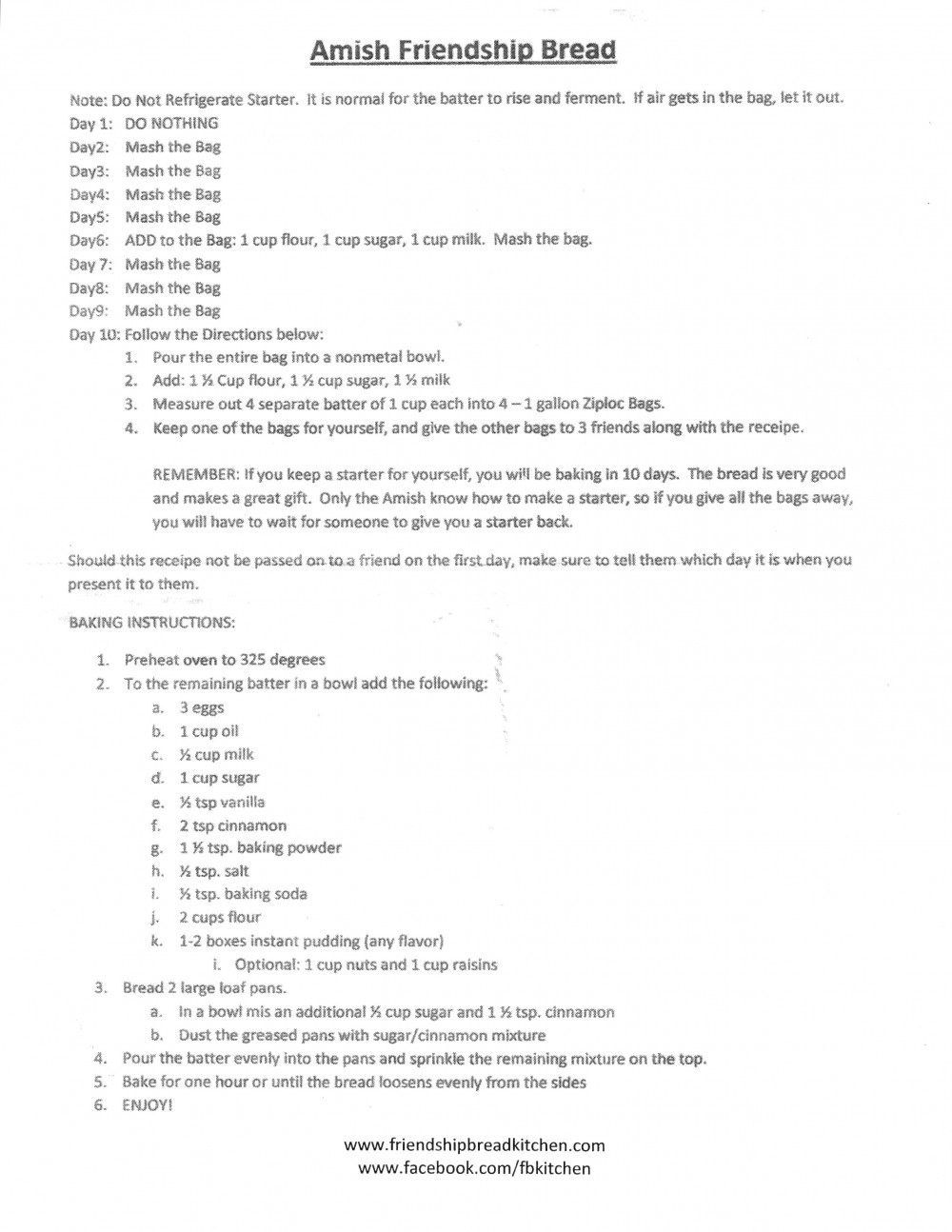 Amish Friendship Bread Instructions in Amish Friendship Bread Recipe Printable