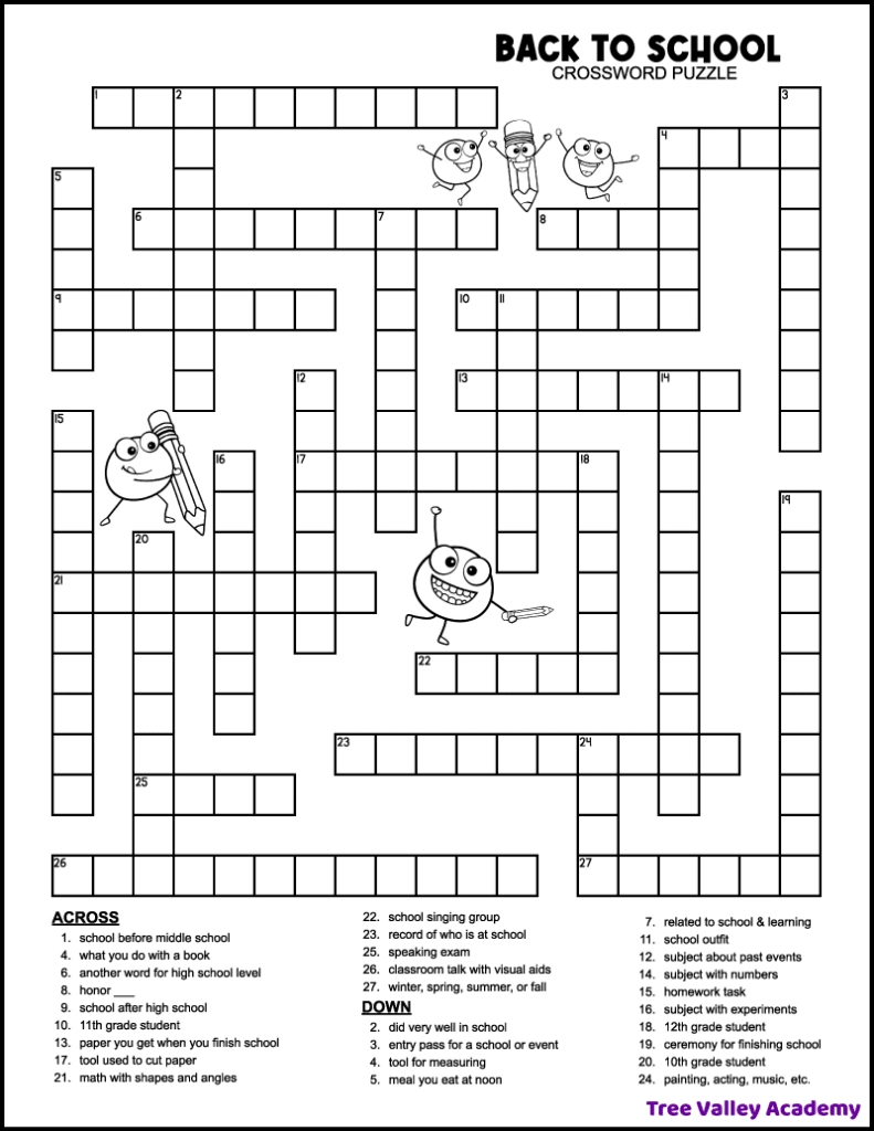 Back To School Crossword Middle School - Tree Valley Academy with regard to Free Printable Crosswords with Answers