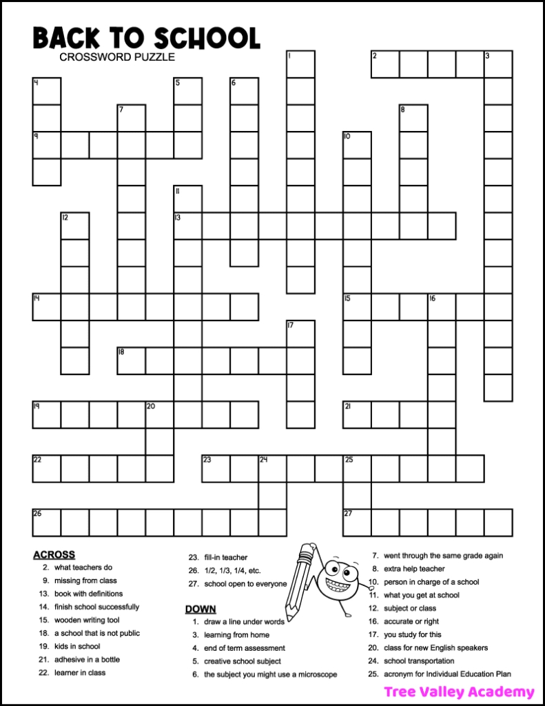 Back To School Crossword Puzzles - Tree Valley Academy within Crossword Puzzles For 5Th Graders Printable