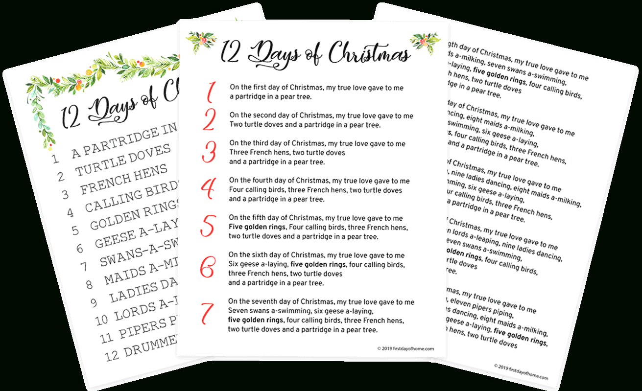 Beautiful 12 Days Of Christmas Lyrics Printable [Free Download] inside Words To 12 Days Of Christmas Printable