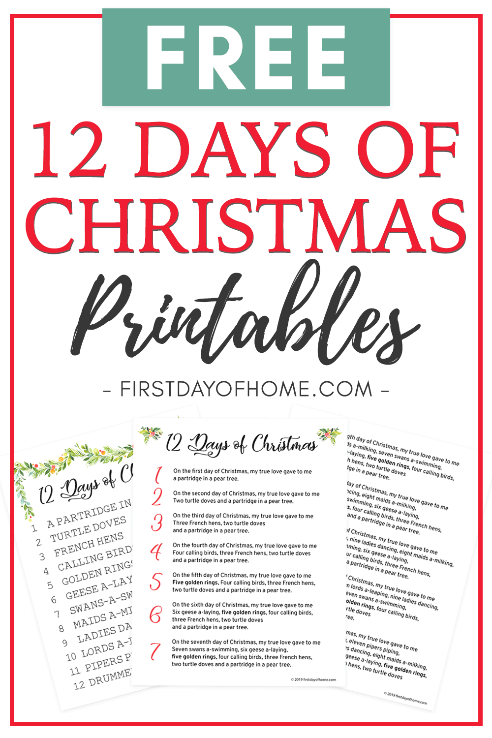 Beautiful 12 Days Of Christmas Lyrics Printable [Free Download] intended for Free 12 Days Of Christmas Printables