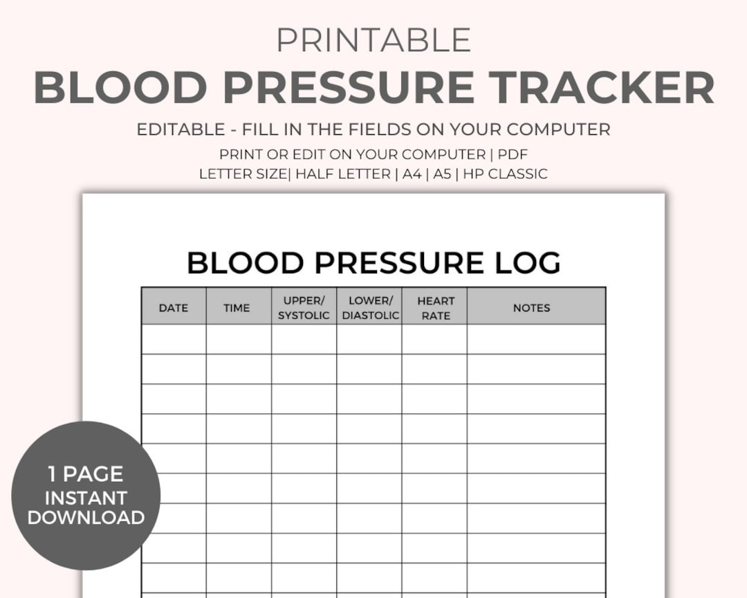 Blood Pressure Chart Printable - Instant Download, Medical Tracker for Free Printable Blood Pressure Log Chart