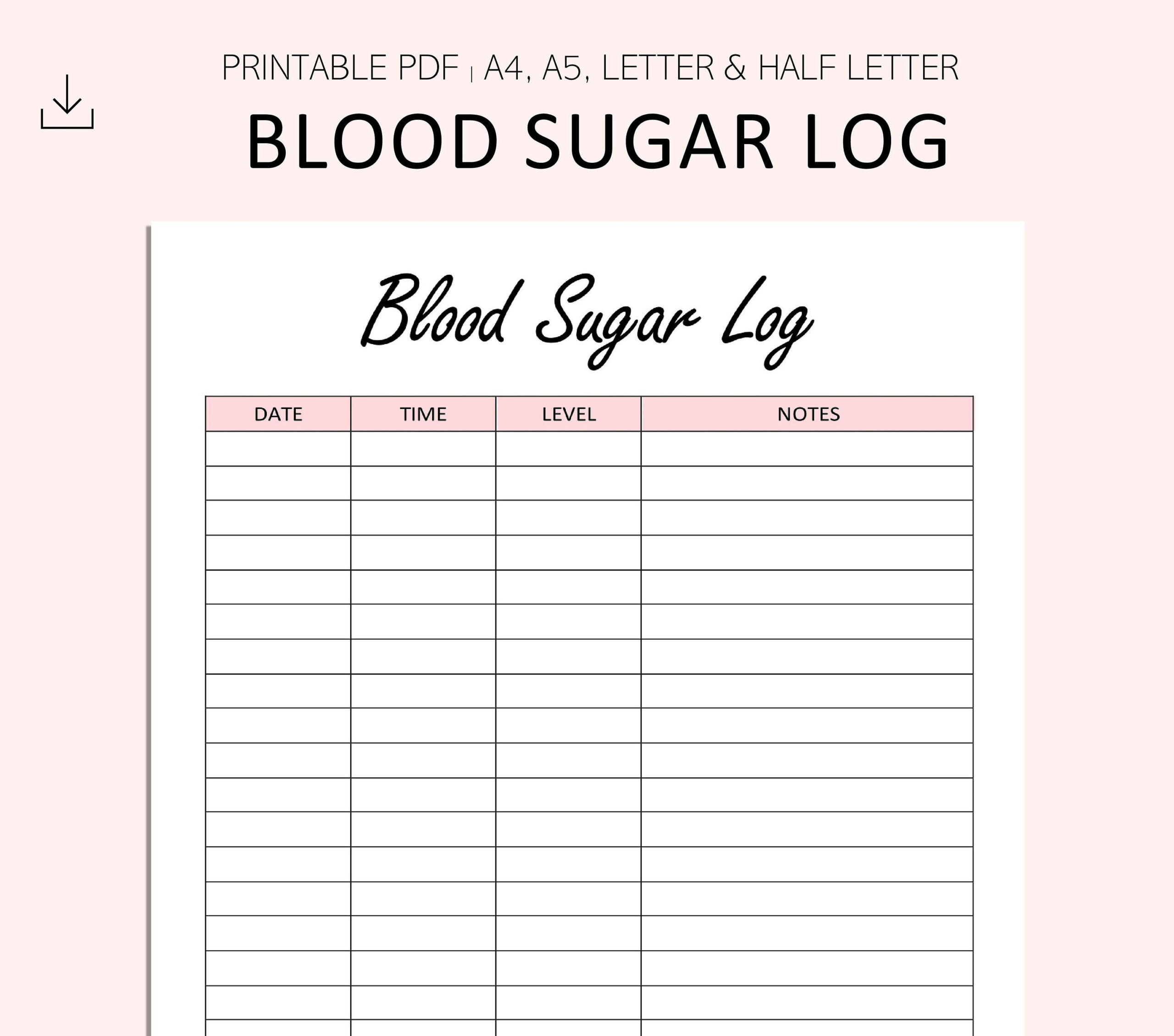 Blood Sugar Log Printable - Blood Sugar Reading Tracker - Blood for Pdf Free Printable Blood Sugar Log Sheet