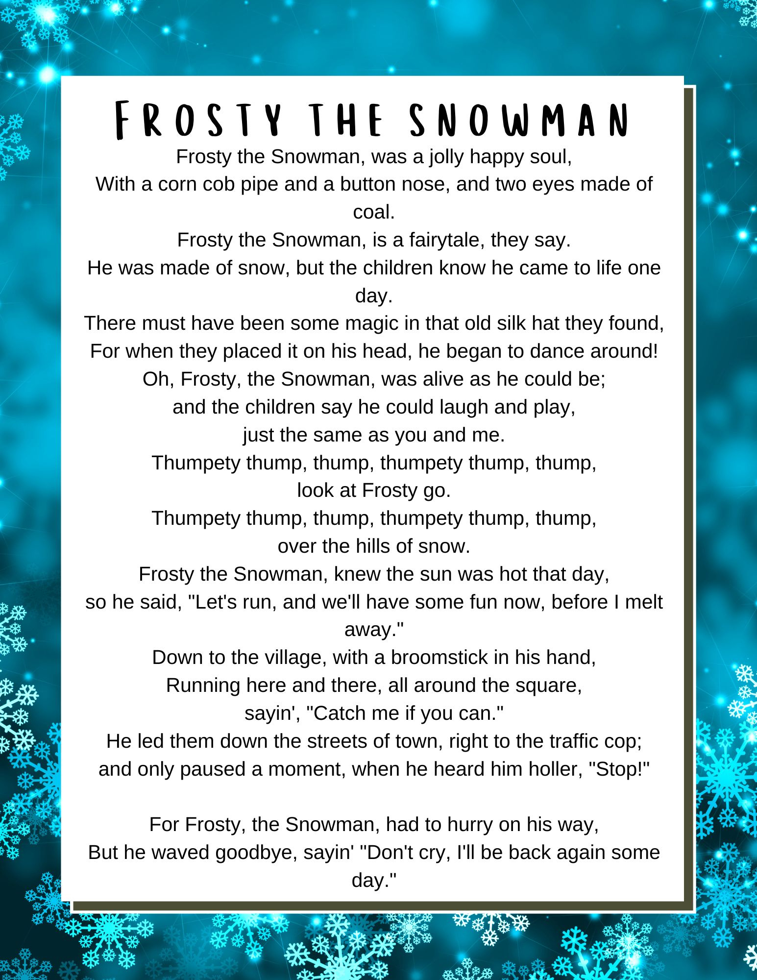 Christmas Songs Lyrics - Lyrics To Popular Christmas Carols in Words to Frosty the Snowman Printable
