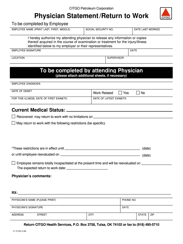 Citgo 21-72-54E Form - Fill Online, Printable, Fillable, Blank inside Printable Return to Work Form