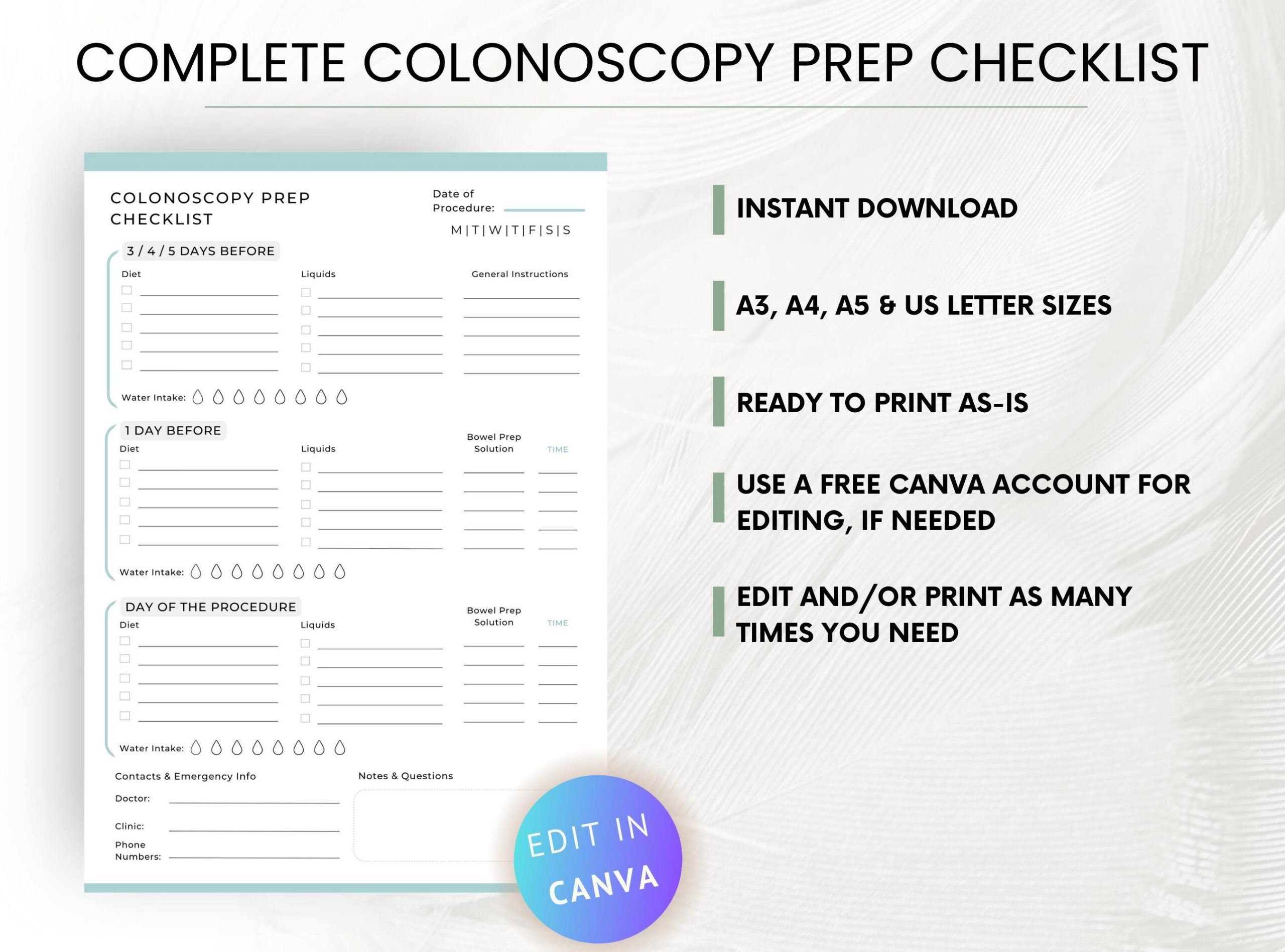Colonoscopy Prep Checklist: Printable Bowel Preparation Template throughout Printable 1 Week Colonoscopy Diet Sheet