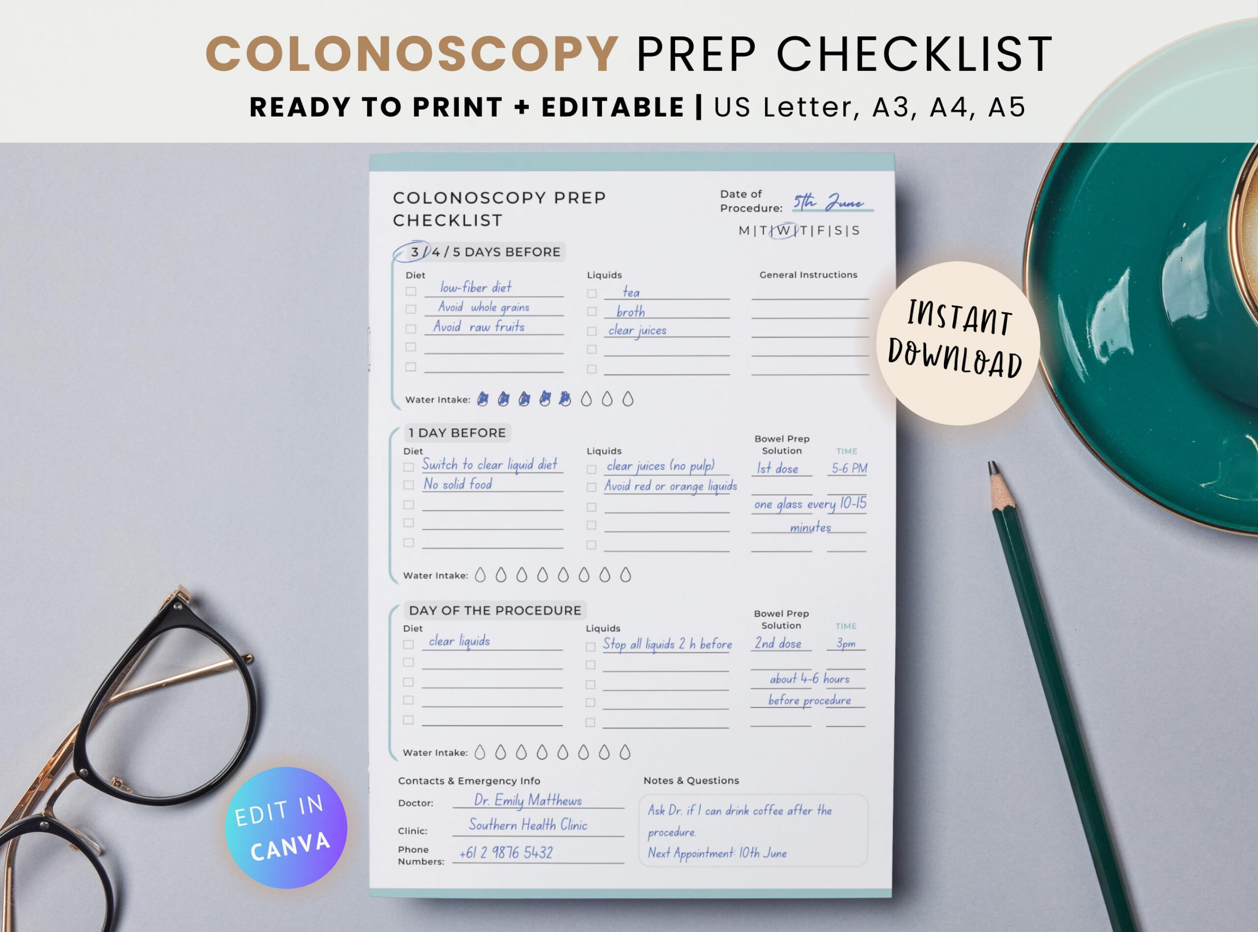 Colonoscopy Prep Checklist: Printable Bowel Preparation Template with Printable 1 Week Colonoscopy Diet Sheet