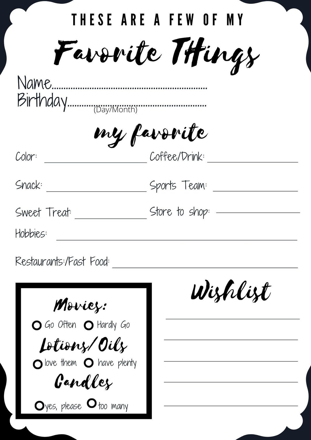 Customizable - My Favorite Things - Questionnaire - 8"X10" Secret inside These Are a Few of My Favorite Things Printable