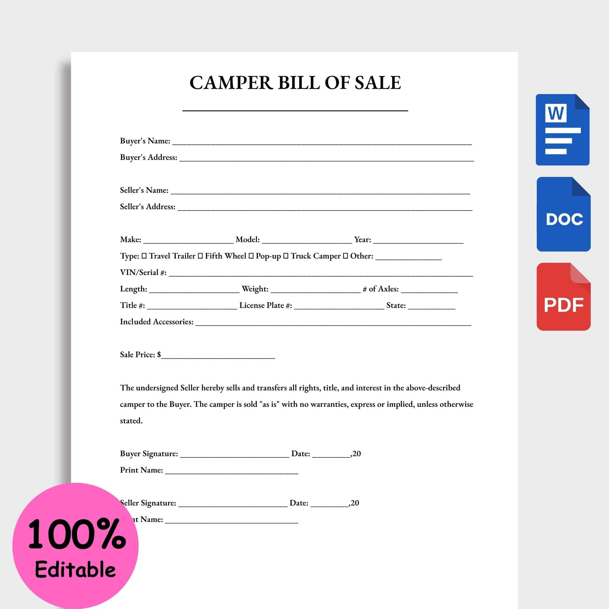 Editable Simple Camper Bill Of Sale Template Google Docs Word Pdf for Camper Bill of Sale Printable