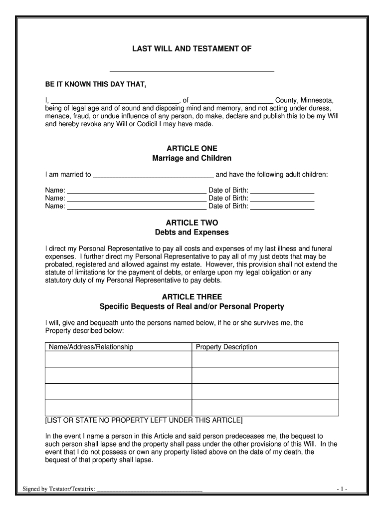 Example Of Will And Testament Form - Fill Online, Printable within Free Printable Simple Will Forms
