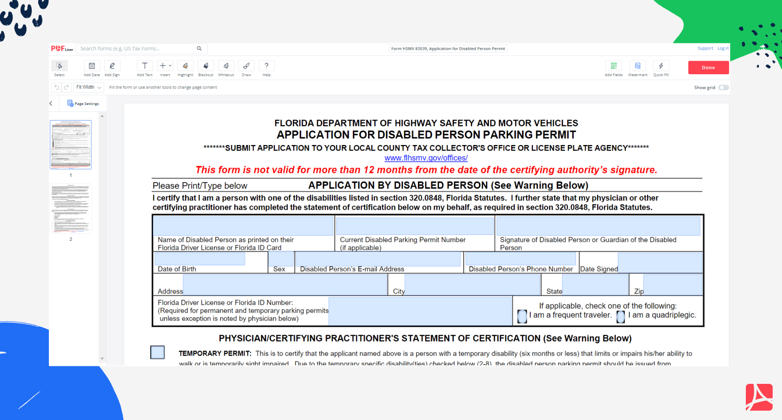 Form Hsmv 83039: Application For Disabled Person Permit — Pdfliner for Printable Handicap Parking Permit Florida