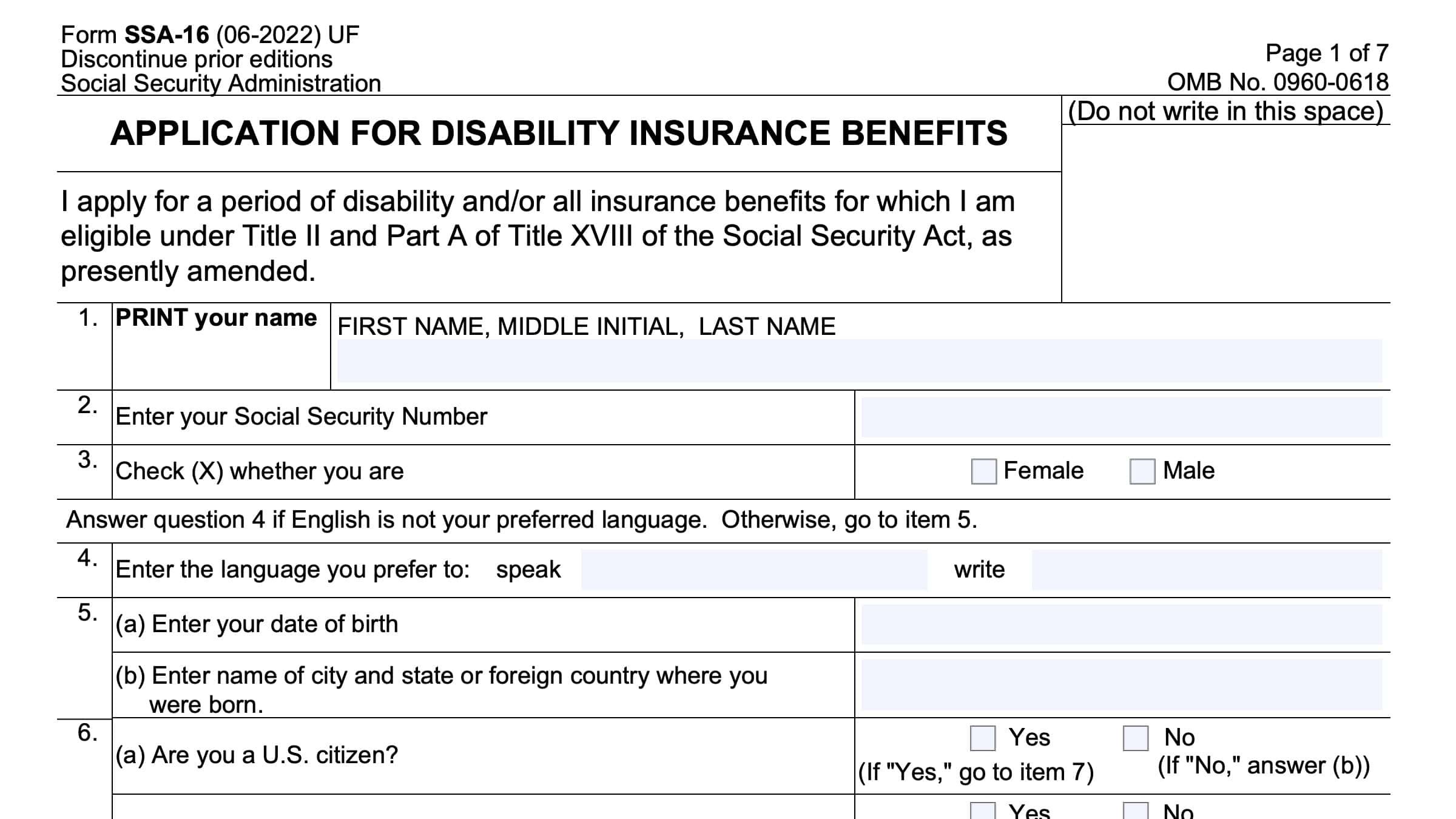 Form Ssa 16 Instructions - Filing Your Disability Benefits Claim with Printable Social Security Disability Forms