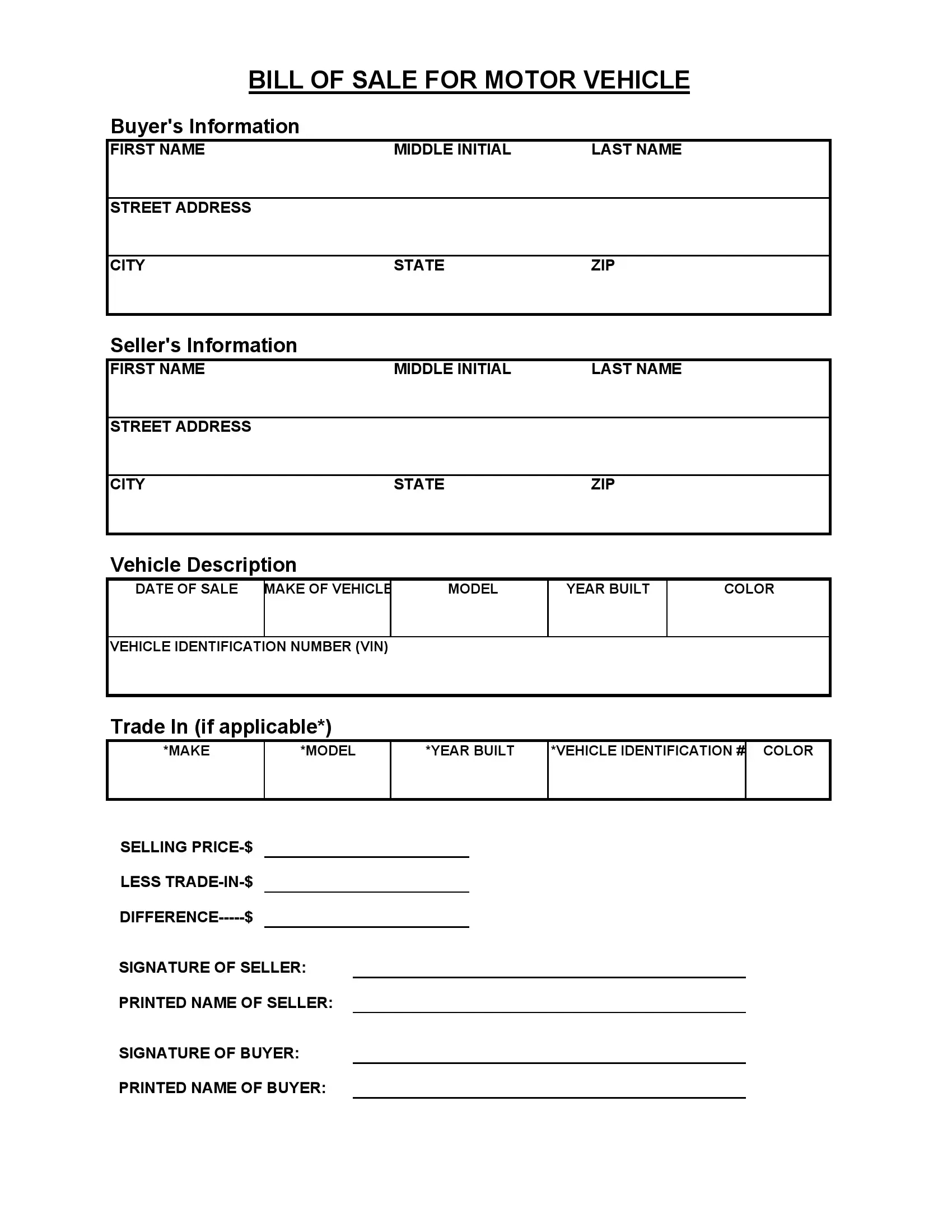 Free Auto Bill Of Sale Forms For Vehicle Deals with regard to Used Car Printable Bill Of Sale