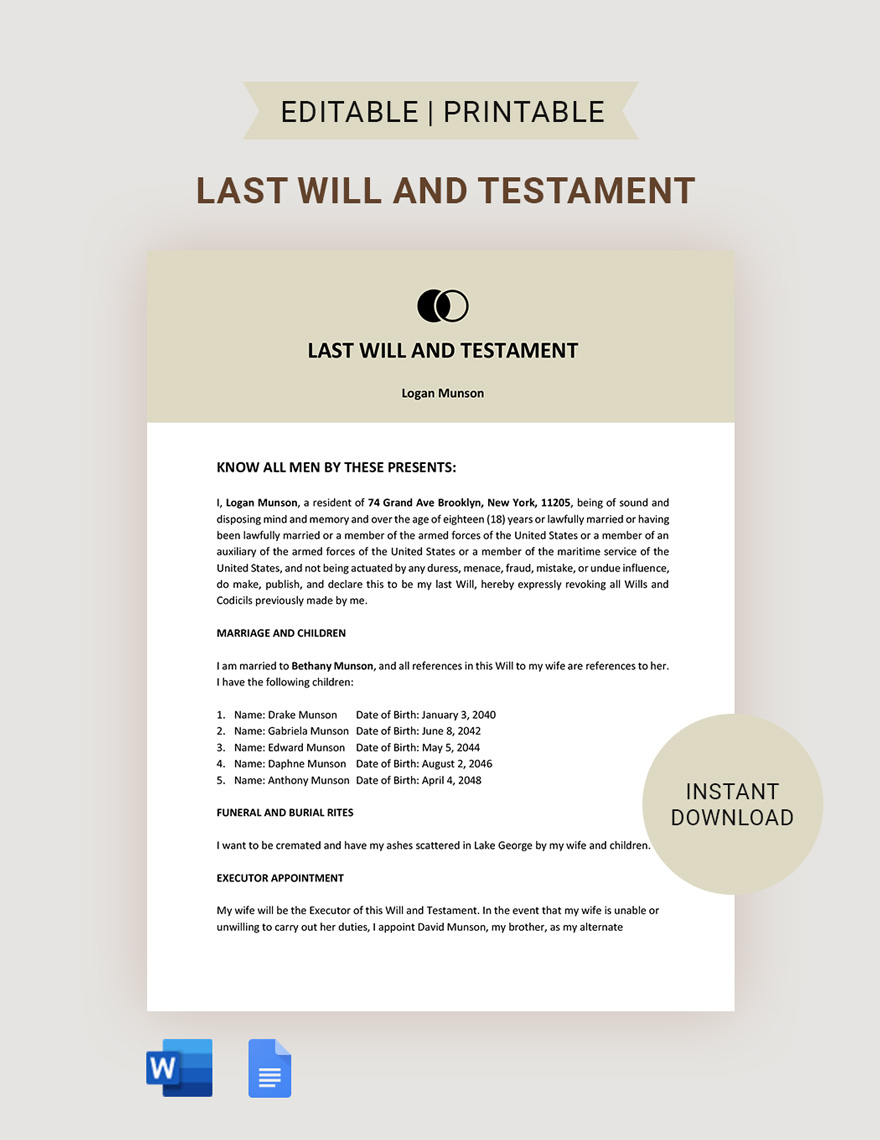 Free Basic Last Will And Testament Template In Google Docs, Word intended for Free Printable Simple Will Forms