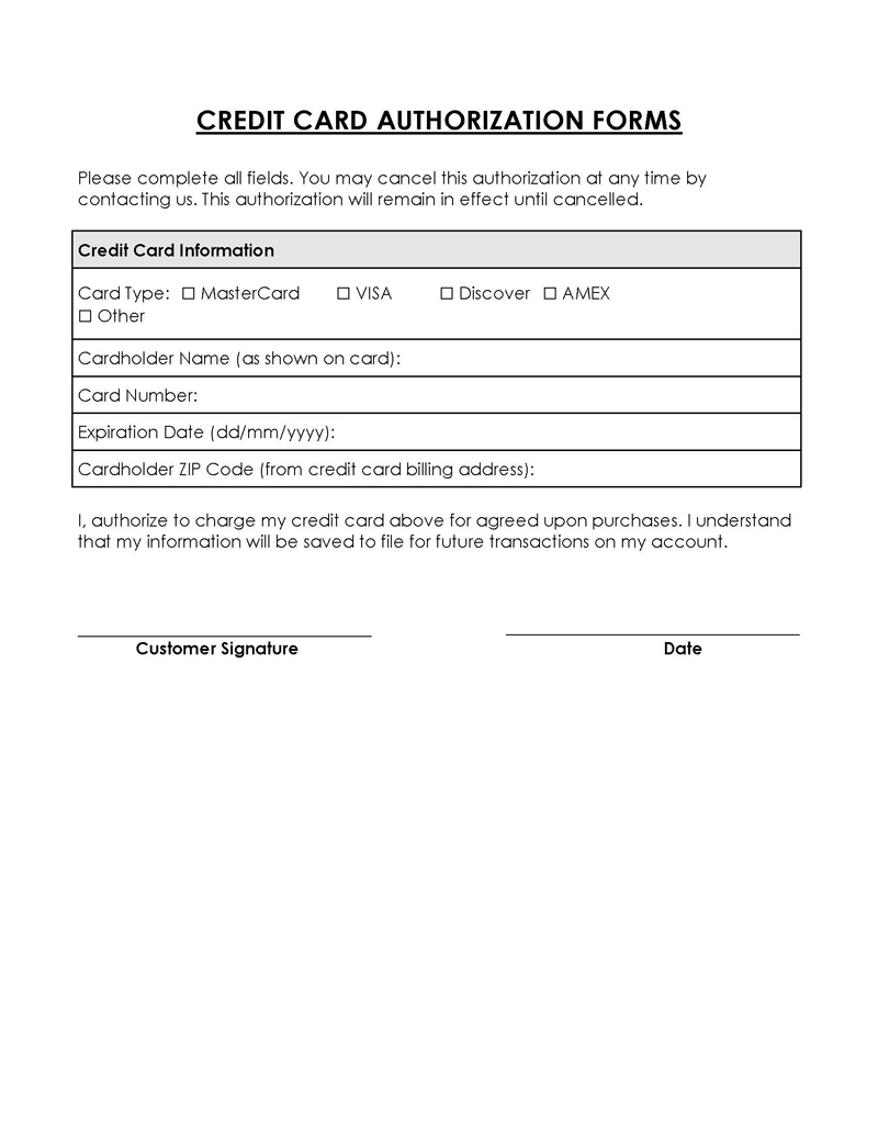 Free Credit Card Authorization Form Templates [Word - Pdf] for Free Printable Credit Card Authorization Form