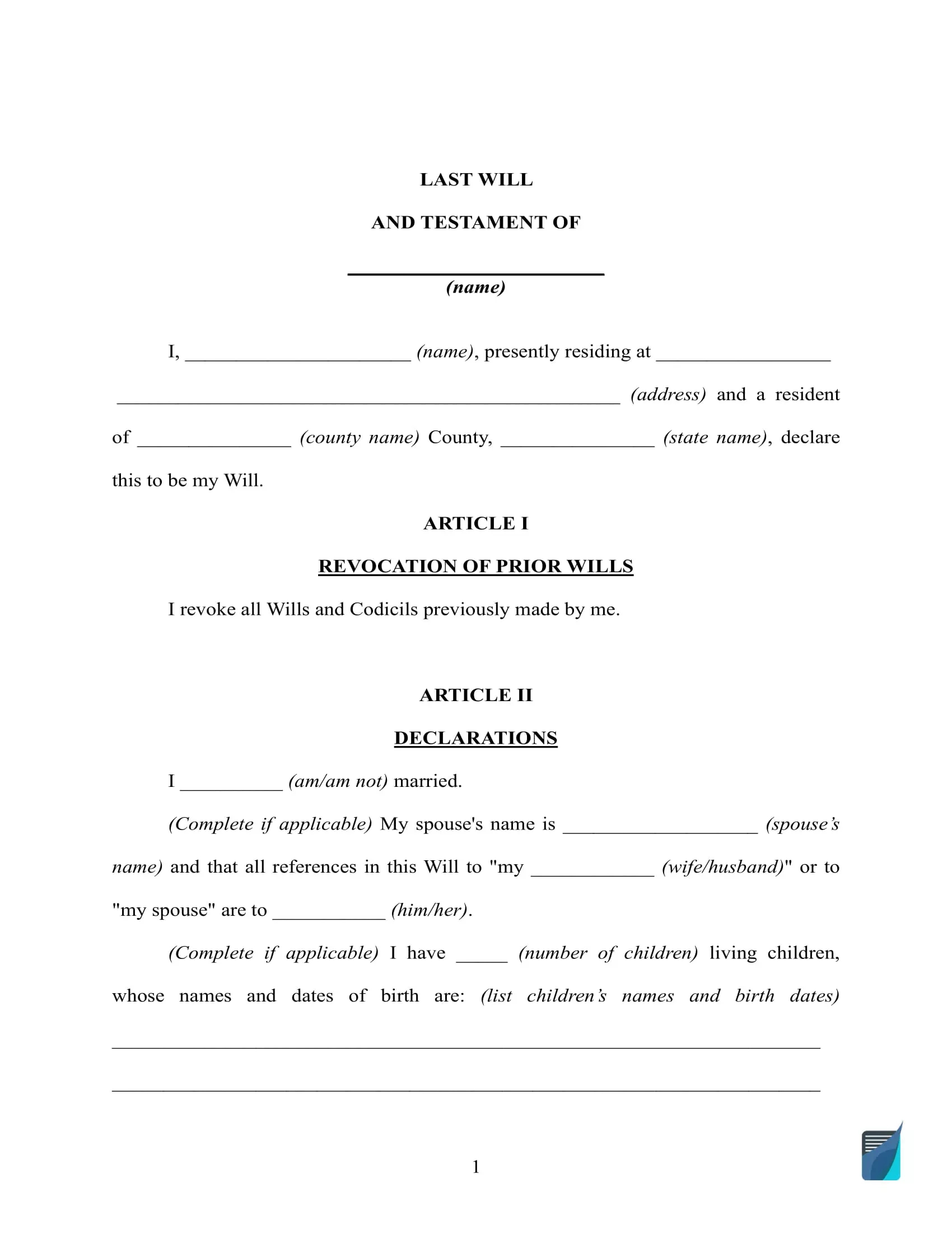 Free Last Will And Testament Template ⇒ Will Forms In Pdf And Doc intended for Free Printable Simple Will Forms