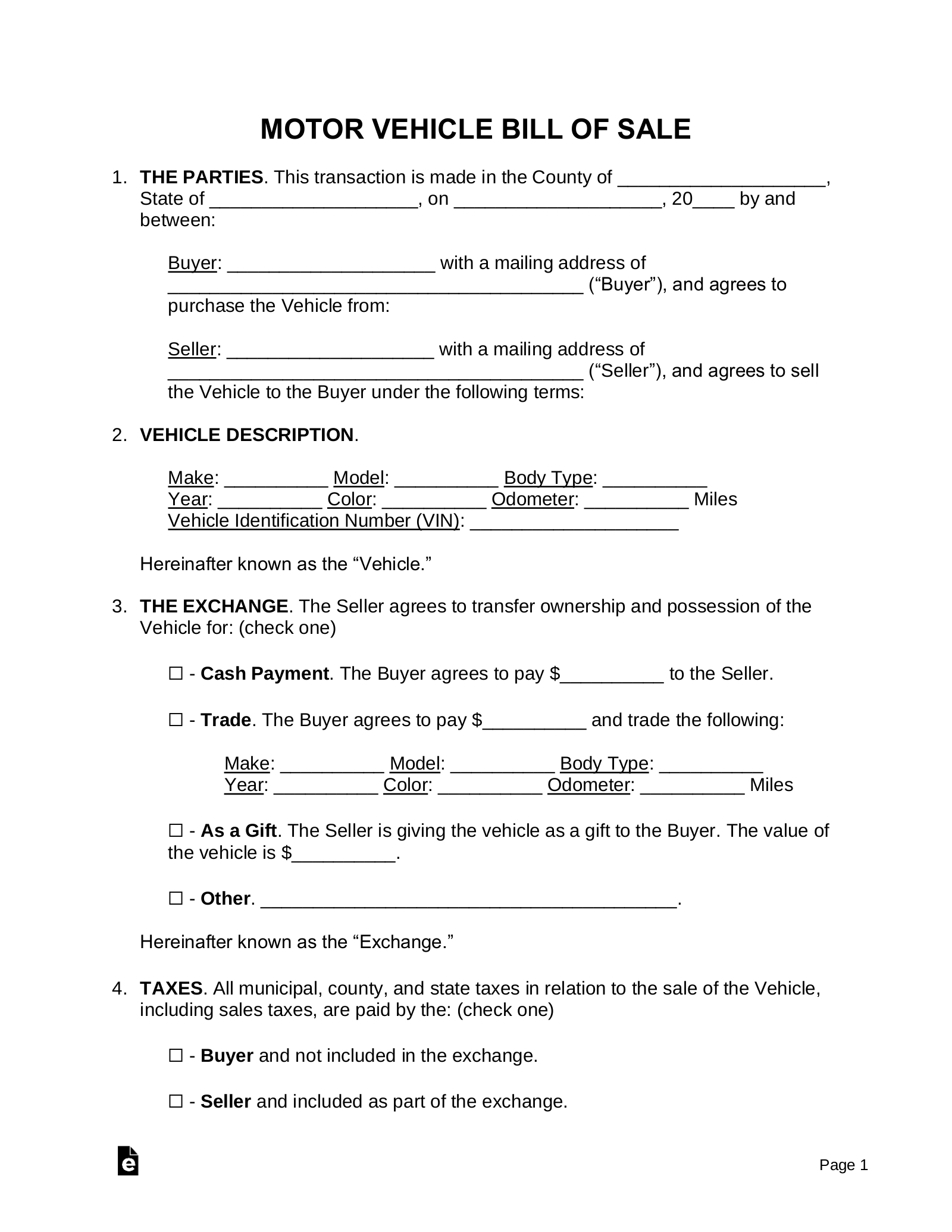 Free Motor Vehicle (Dmv) Bill Of Sale Form - Pdf | Word – Eforms with regard to Used Car Printable Bill of Sale