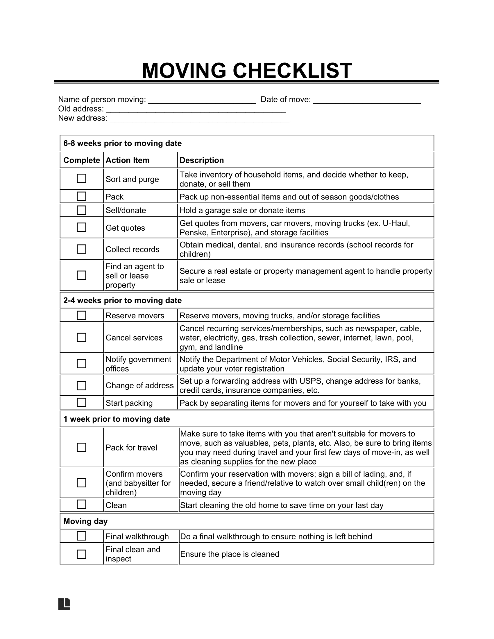 Free Moving Checklist Template | Printable | Pdf &amp; Word throughout Printable House Moving Checklist Template