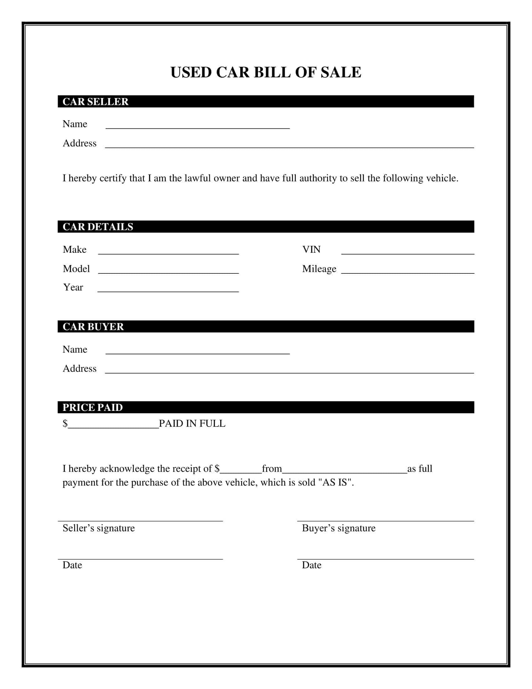 Free Printable Bill Of Sale For A Car Templates [Pdf, Word] With throughout Free Printable Bill of Sale Auto