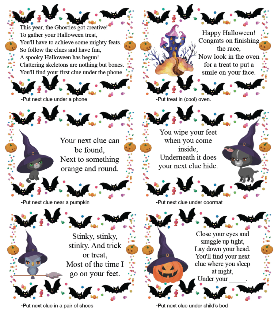 Free Printable Halloween Treasure Hunt: 24 Clues Plus Blanks throughout Free Printable Halloween Scavenger Hunt