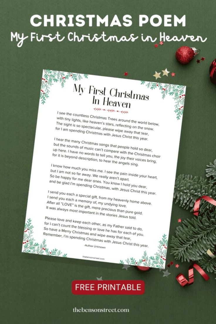 Free Printable “My First Christmas In Heaven” Poem (Author Unknown) within Printable Christmas in Heaven Poem