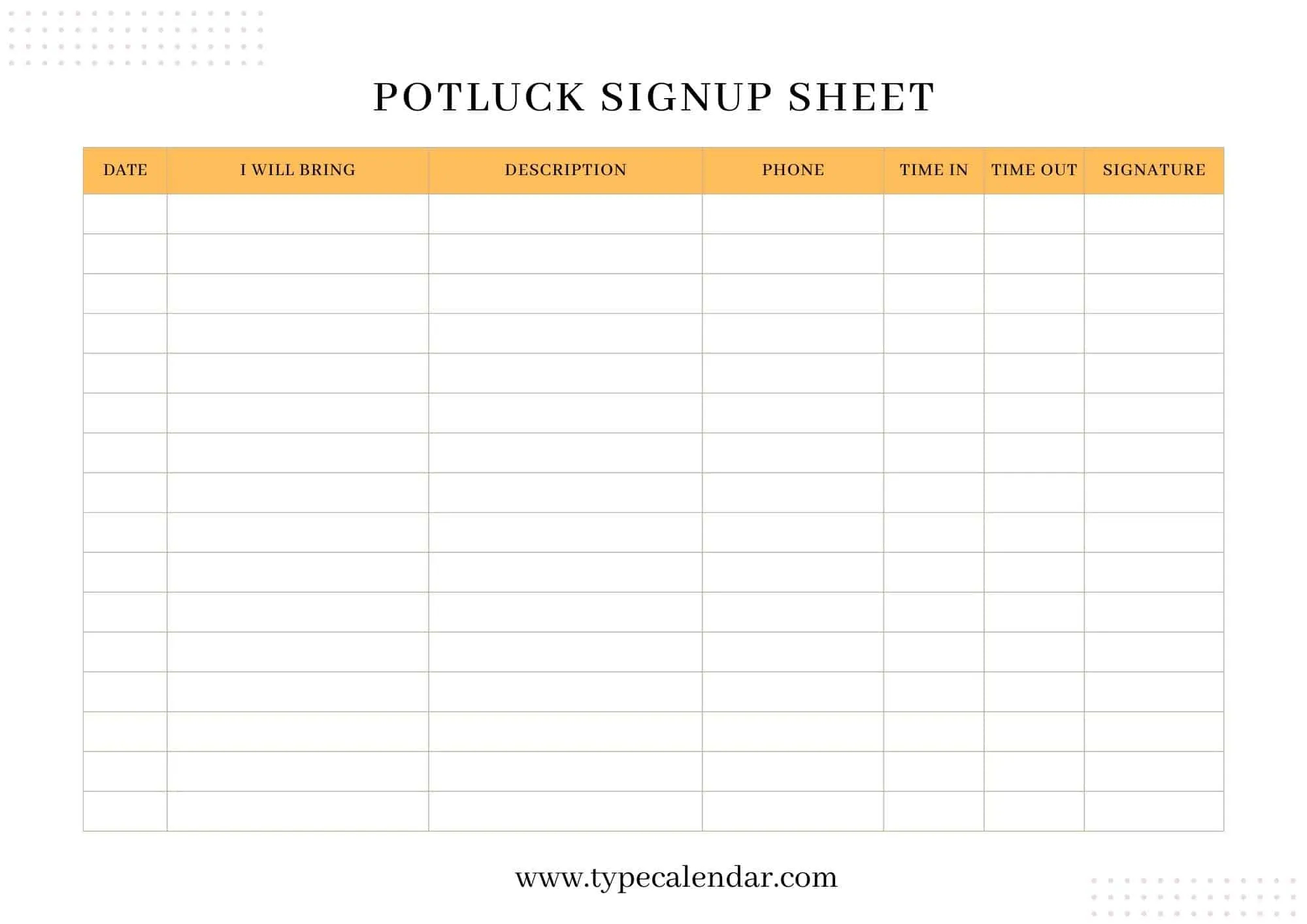 Free Printable Potluck Signup Sheet Templates [Pdf, Word, Excel] intended for Free Printable Potluck Sign Up Sheet