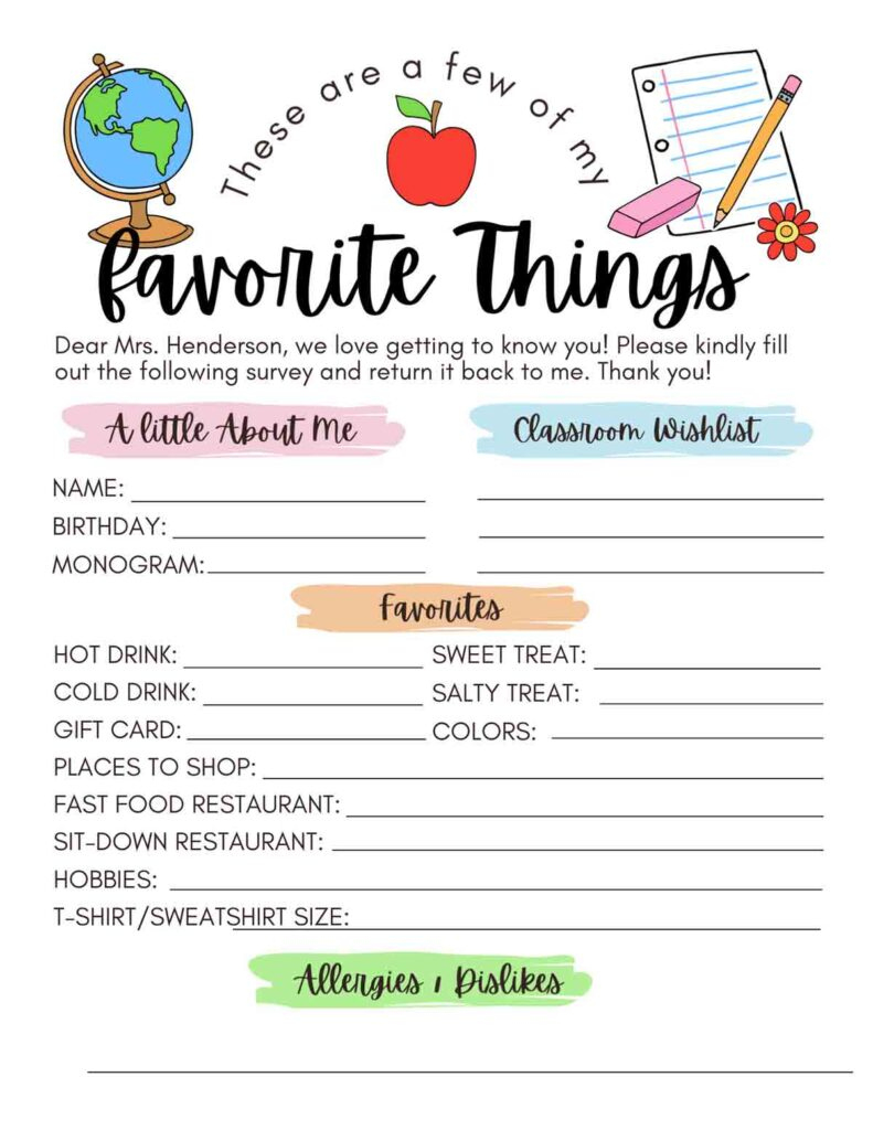 Free! Printable Teacher Favorite Things - Mindymakes throughout Free Printable Teacher Favorite Things Form