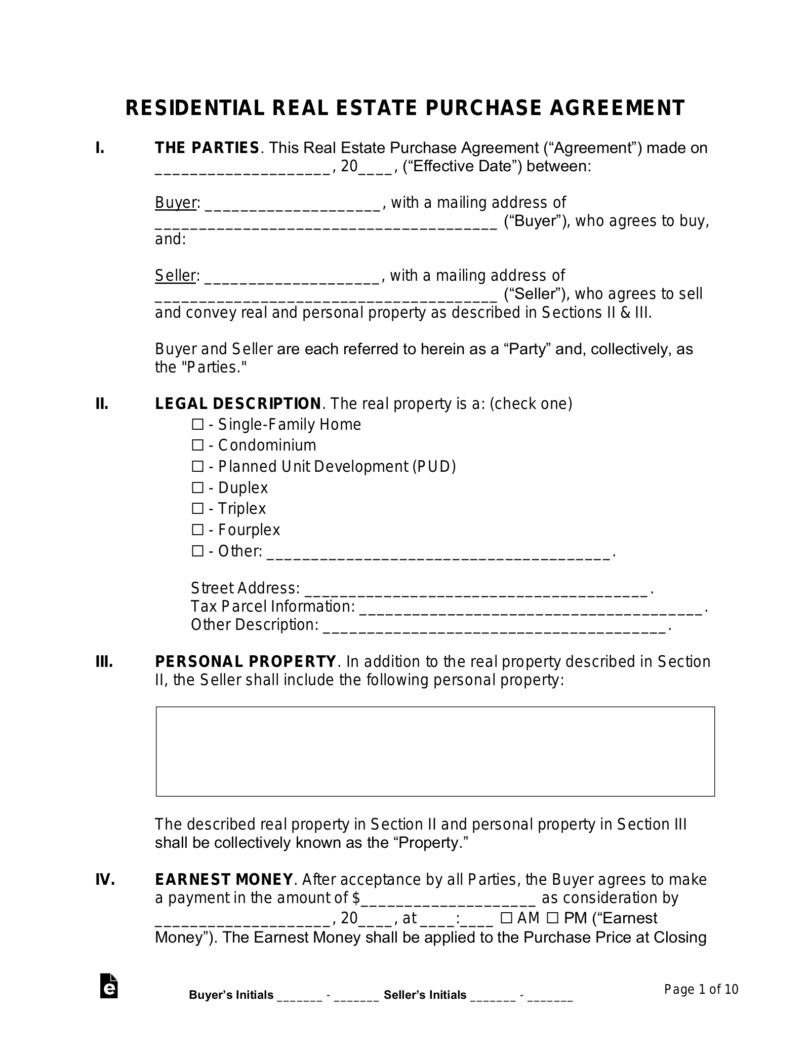 Free Purchase And Sale Agreement Template - Pdf | Word – Eforms intended for Free Printable Real Estate Purchase Contract