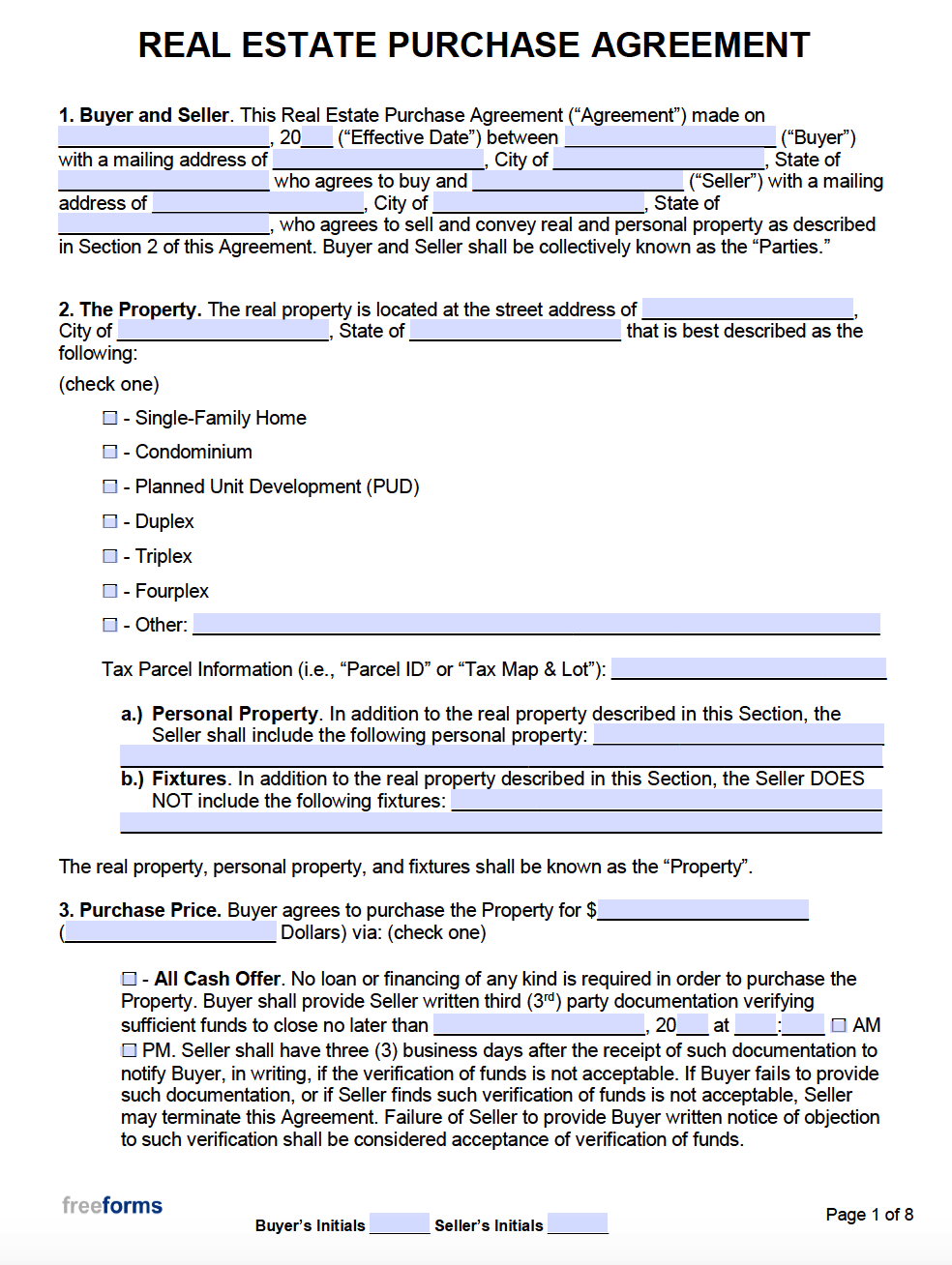 Free Real Estate Purchase Agreements | Pdf | Word with Free Printable Real Estate Purchase Contract