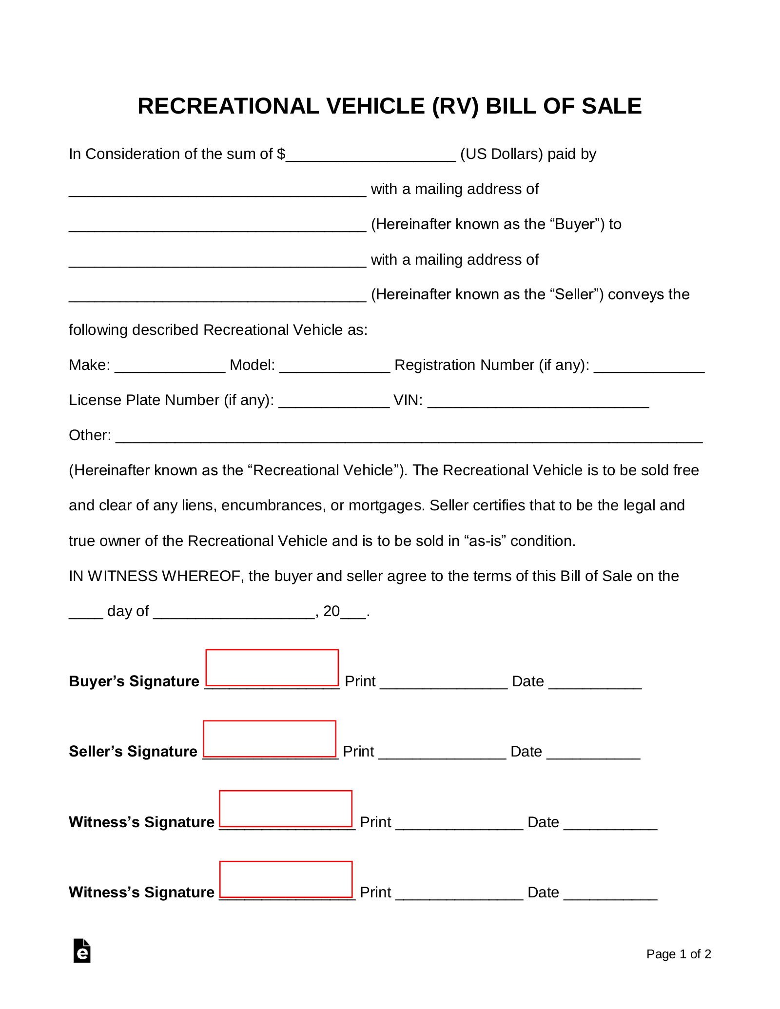 Free Recreational Vehicle (Rv) Bill Of Sale Form - Pdf | Word – Eforms pertaining to Camper Bill of Sale Printable