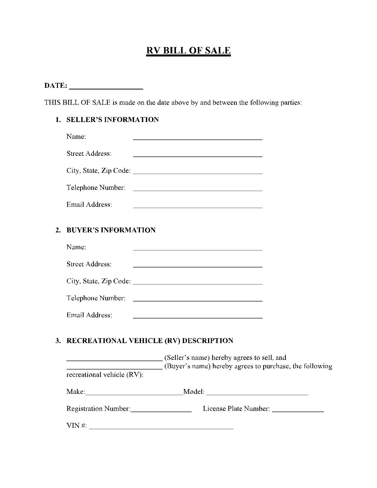 Free Recreational Vehicle (Rv) Bill Of Sale Template | Cocosign inside Camper Bill Of Sale Printable