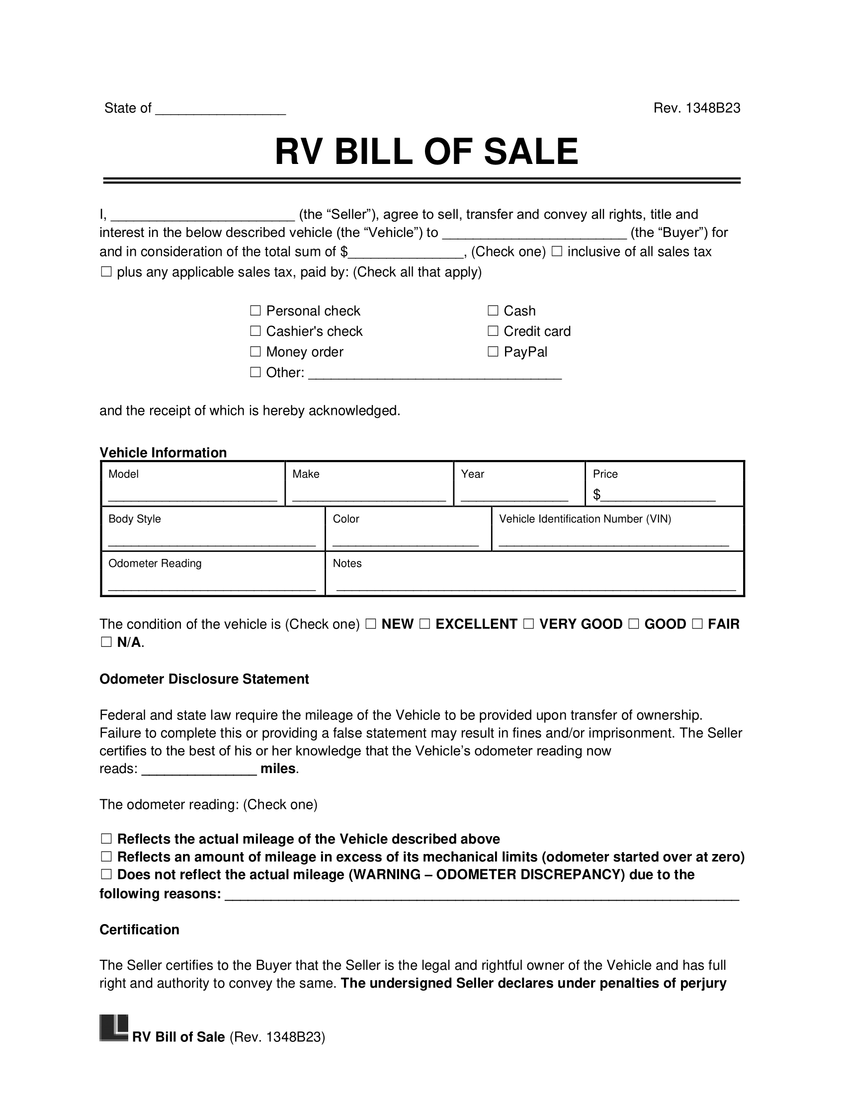 Free Recreational Vehicle (Rv) Bill Of Sale Template | Pdf & Word intended for Camper Bill Of Sale Printable