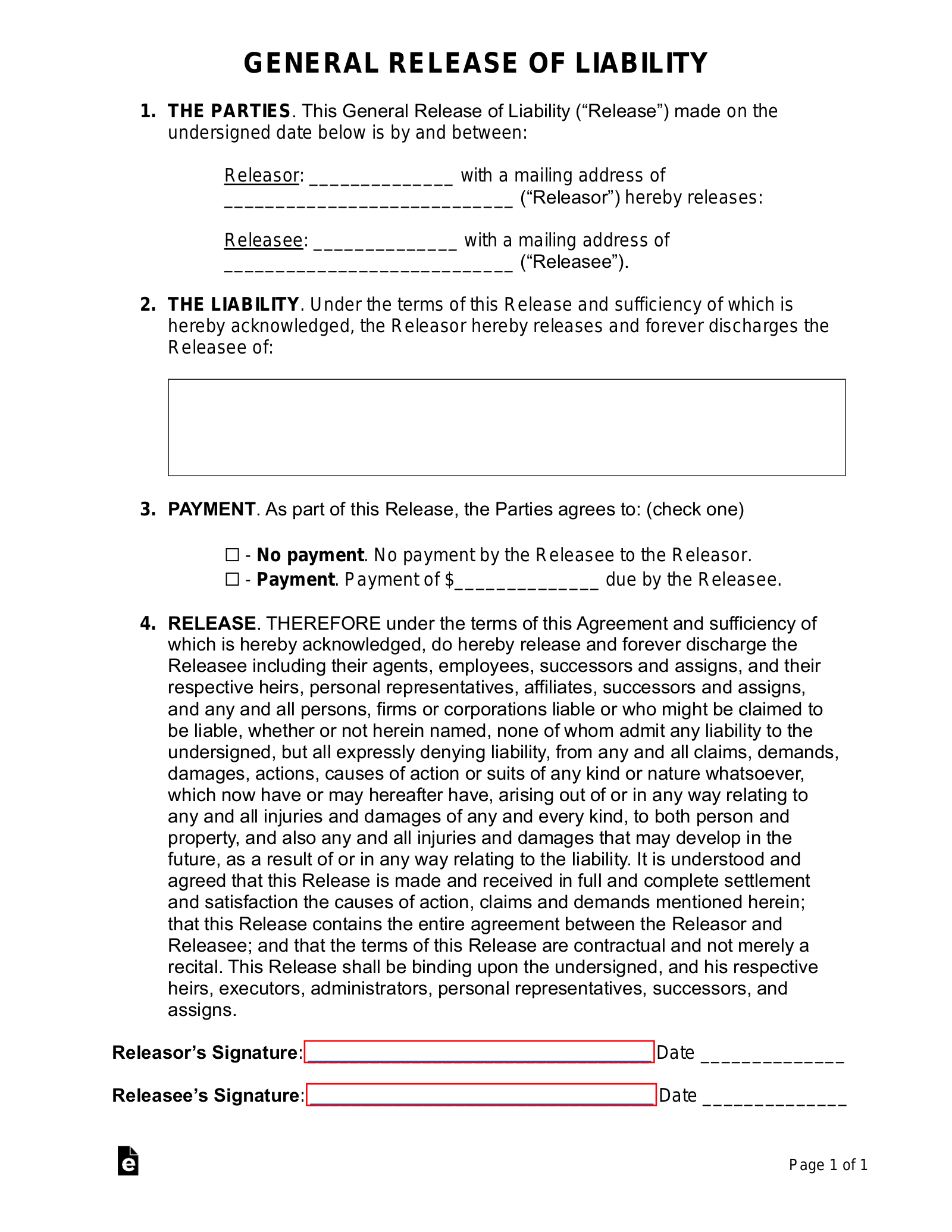 Free Release Of Liability (Waiver) Forms (14) - Pdf | Word – Eforms regarding Free Printable Liability Waiver Form