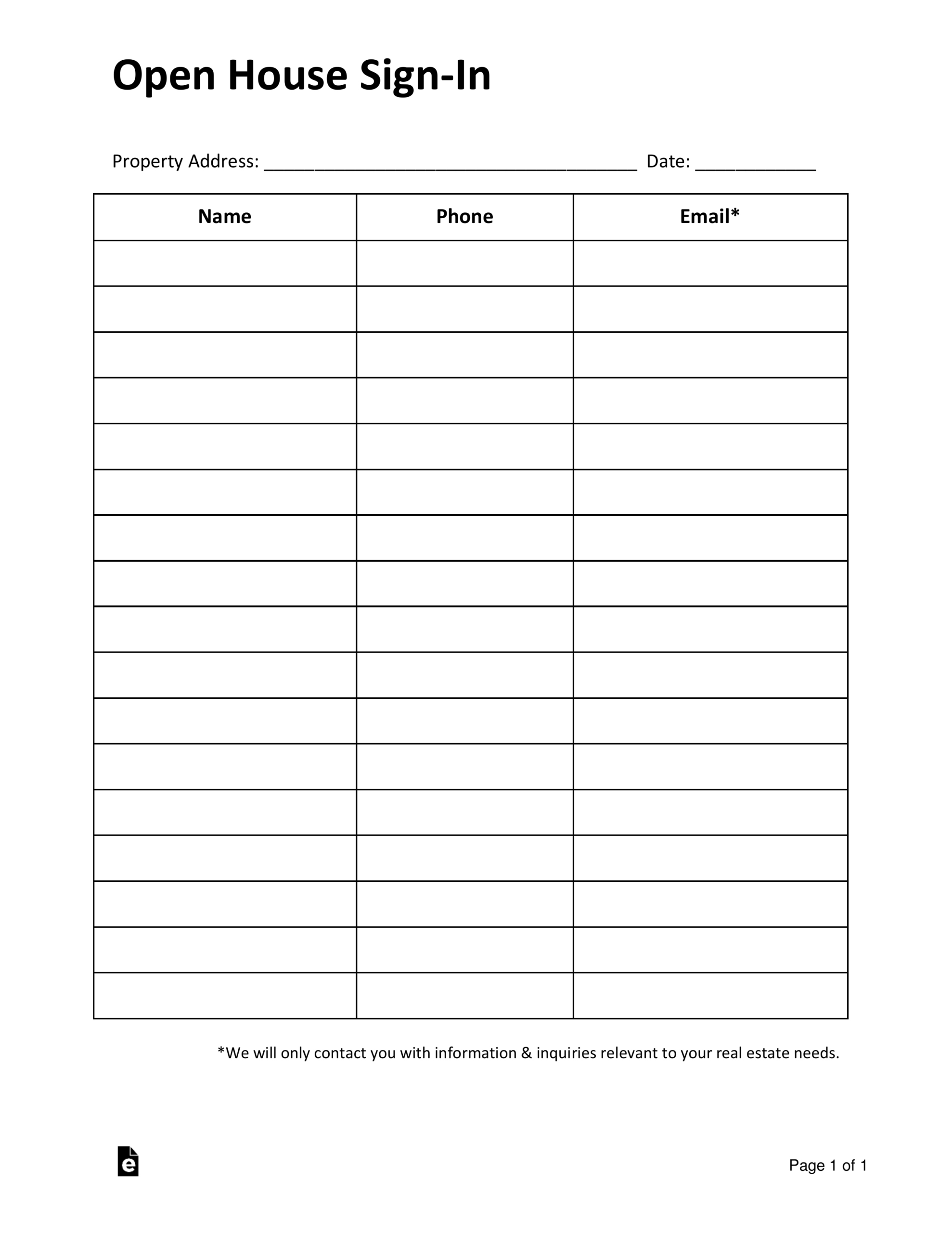 Free Simple Real Estate Open House Sign-In Sheet - Pdf | Word – Eforms intended for Free Printable Open House Sign In Sheet