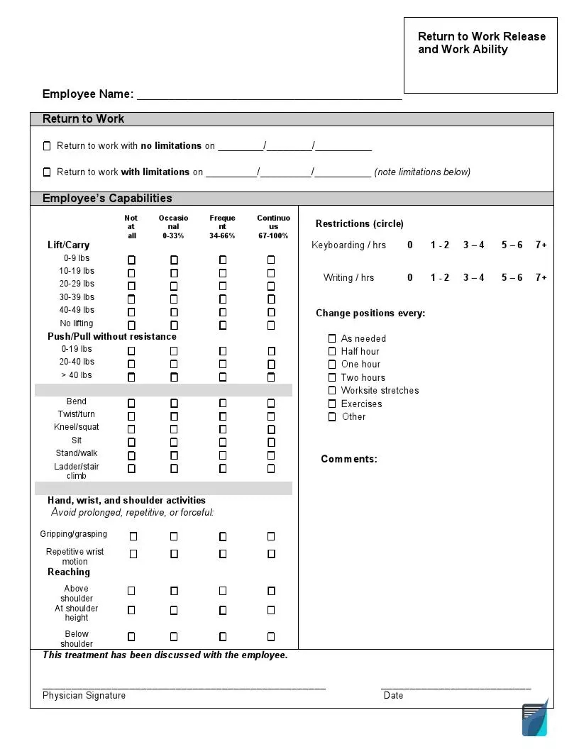 Free Work Return (Doctor) Release Form | Formspal inside Release Doctor Printable Return to Work Form