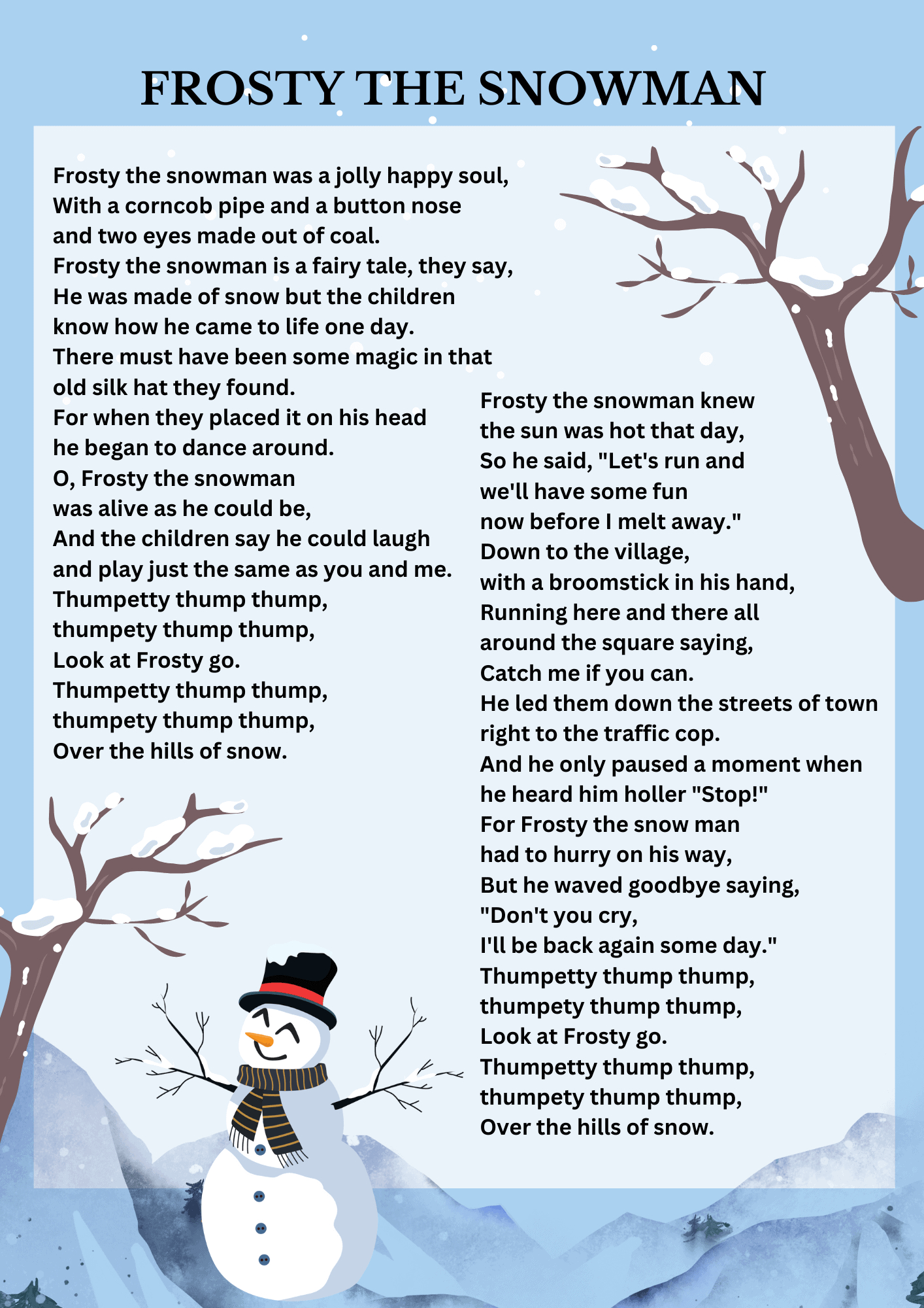 Frosty The Snowman Lyrics Free Printable regarding Words to Frosty the Snowman Printable
