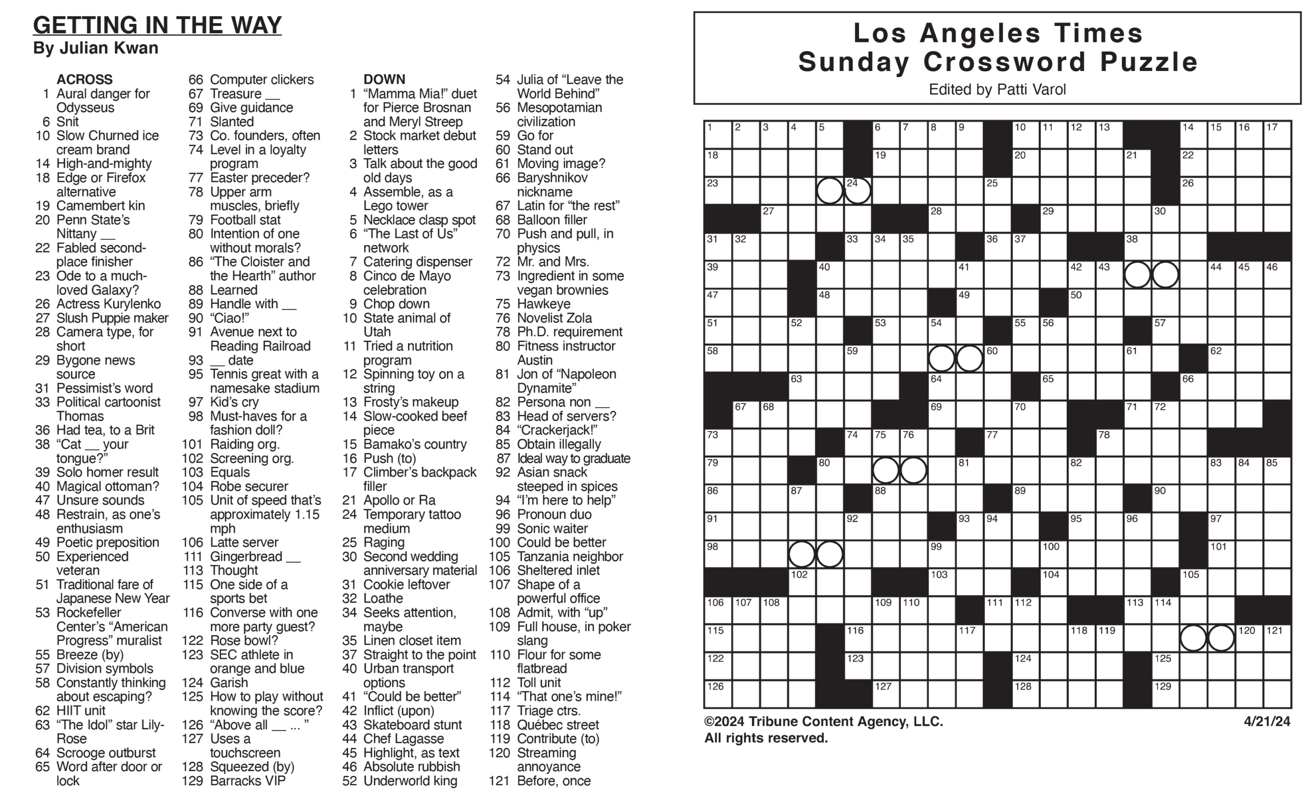 Los Angeles Times Sunday Crossword Puzzle | Tribune Content in Sunday La Times Crossword Printable