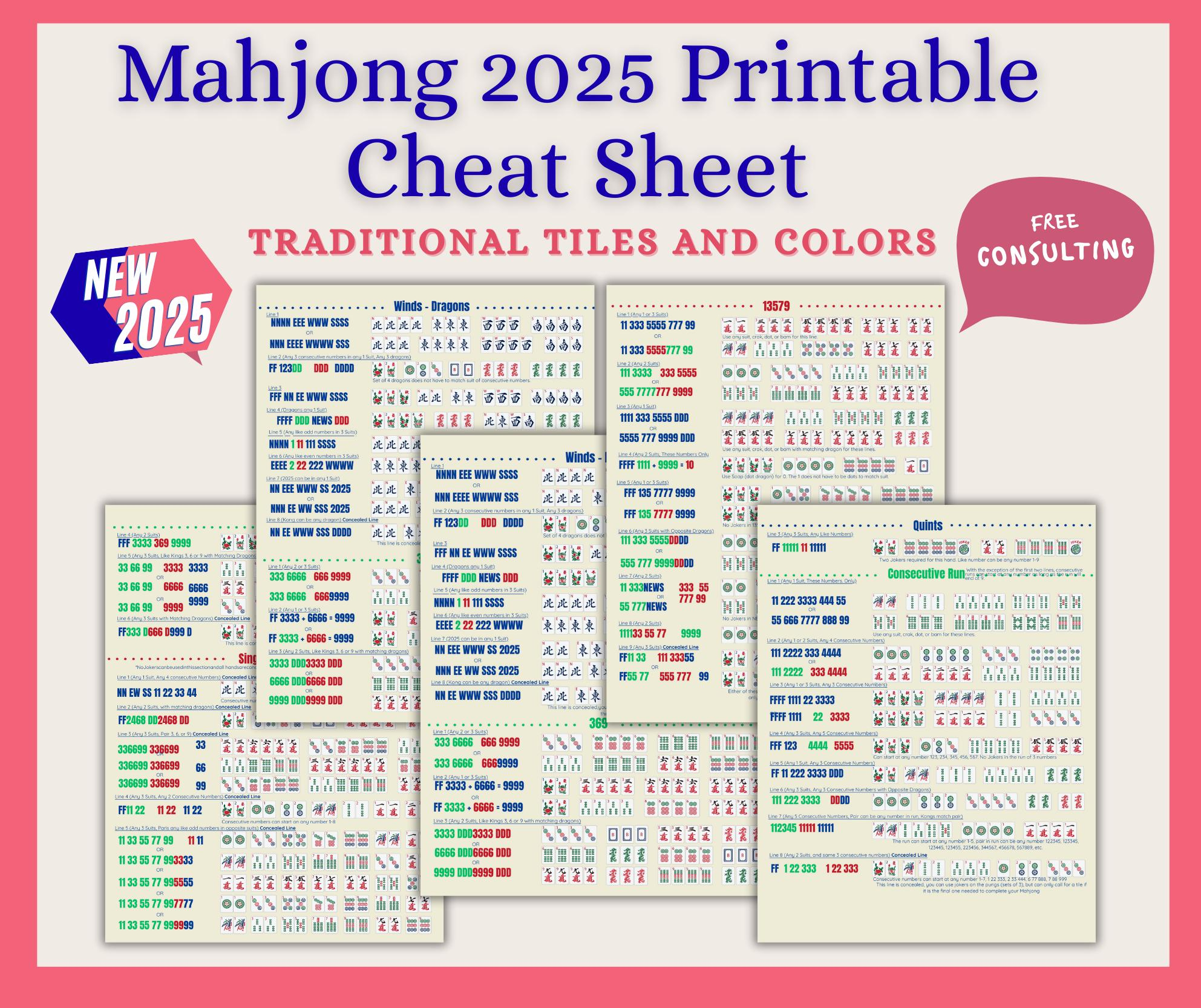 Mahjong 2025 Printable Cheat Sheet, Nmjl Card 2025 Hands Guide for Printable Mahjong Cheat Sheet