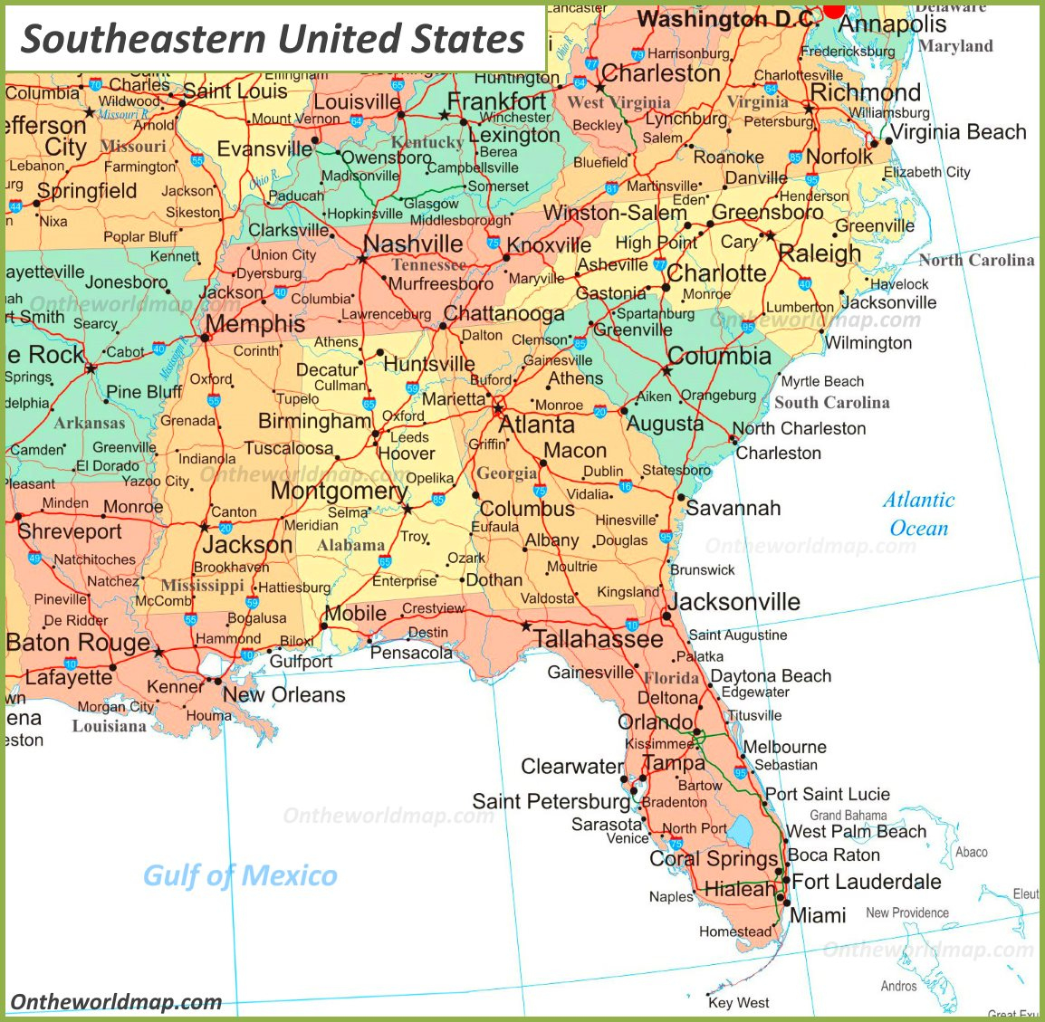 Map Of Southeastern United States - Ontheworldmap intended for Printable Map of Southeastern United States