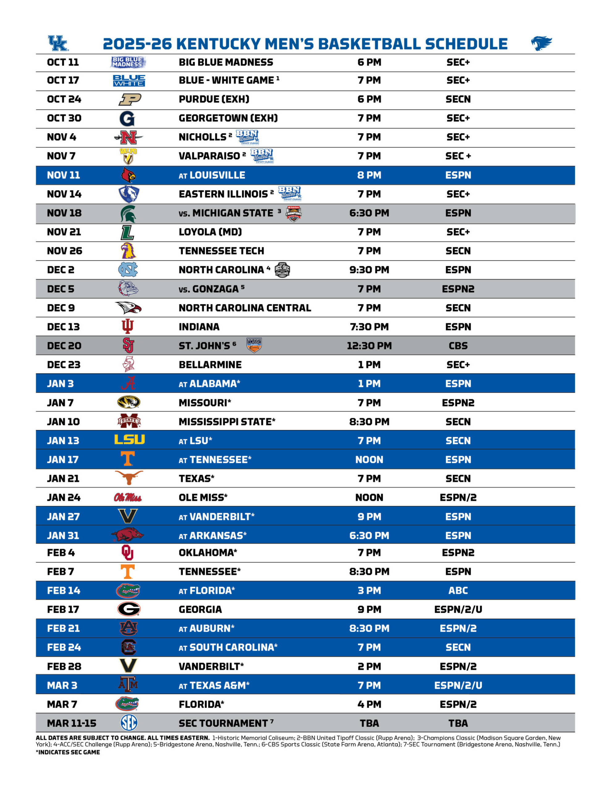 Men'S Basketball Announces 2025-26 Finalized Schedule within Printable University of Kentucky Basketball Schedule