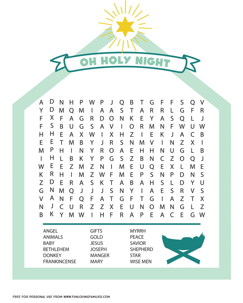 Nativity Word Search Printable - Fun Loving Families for Christmas Religious Word Search Printable