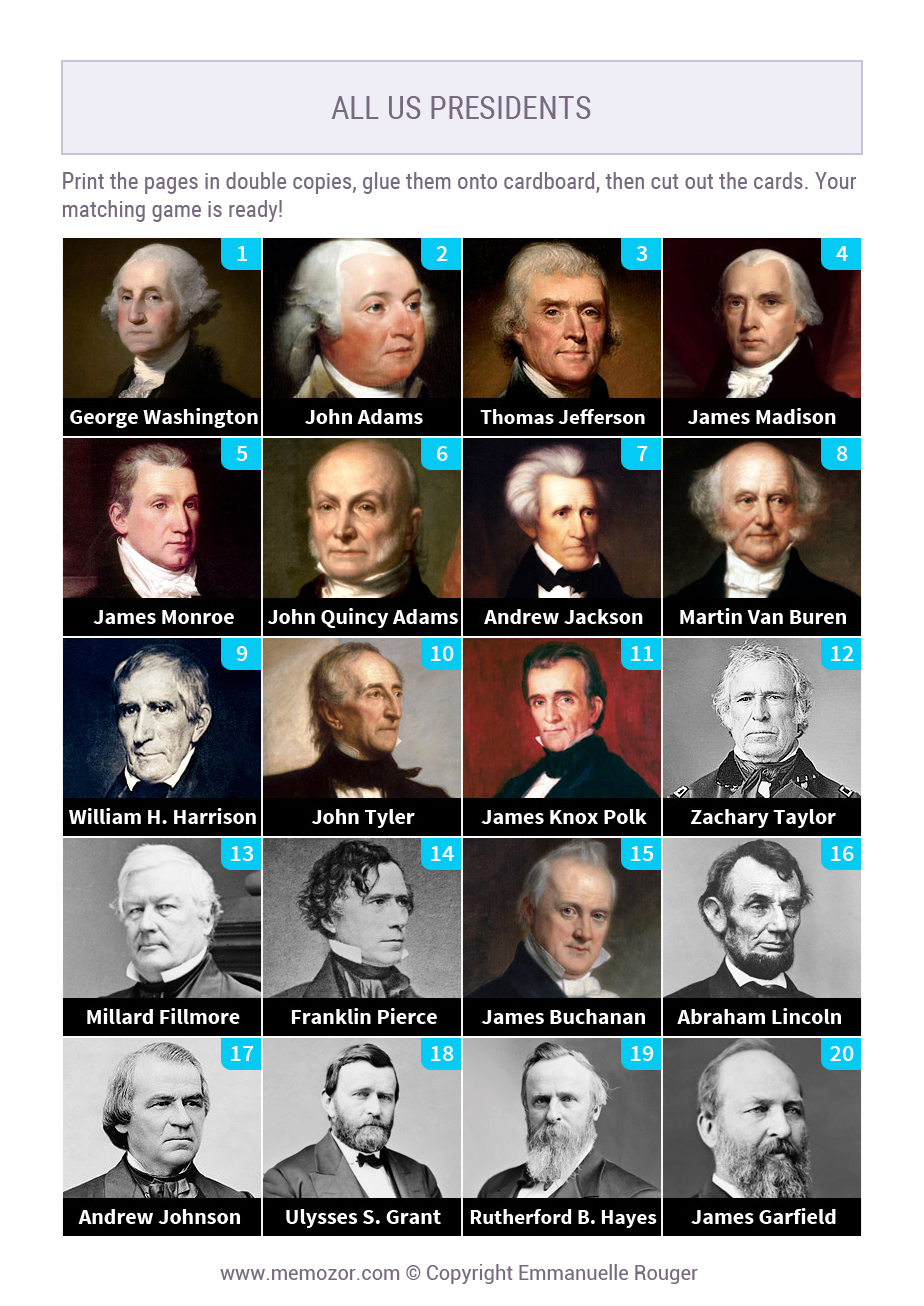 Numbered Cards Of The Us Presidents - Print For Free | Memozor inside Printable List Of The Presidents