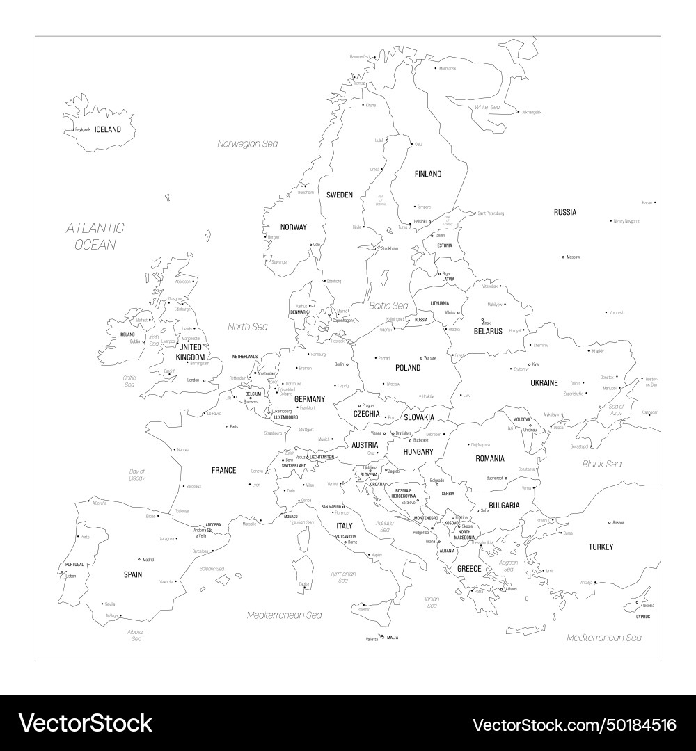Politische Karte Von Europe Mit Städten Vektorbild regarding Printable Map Of Europe With Cities