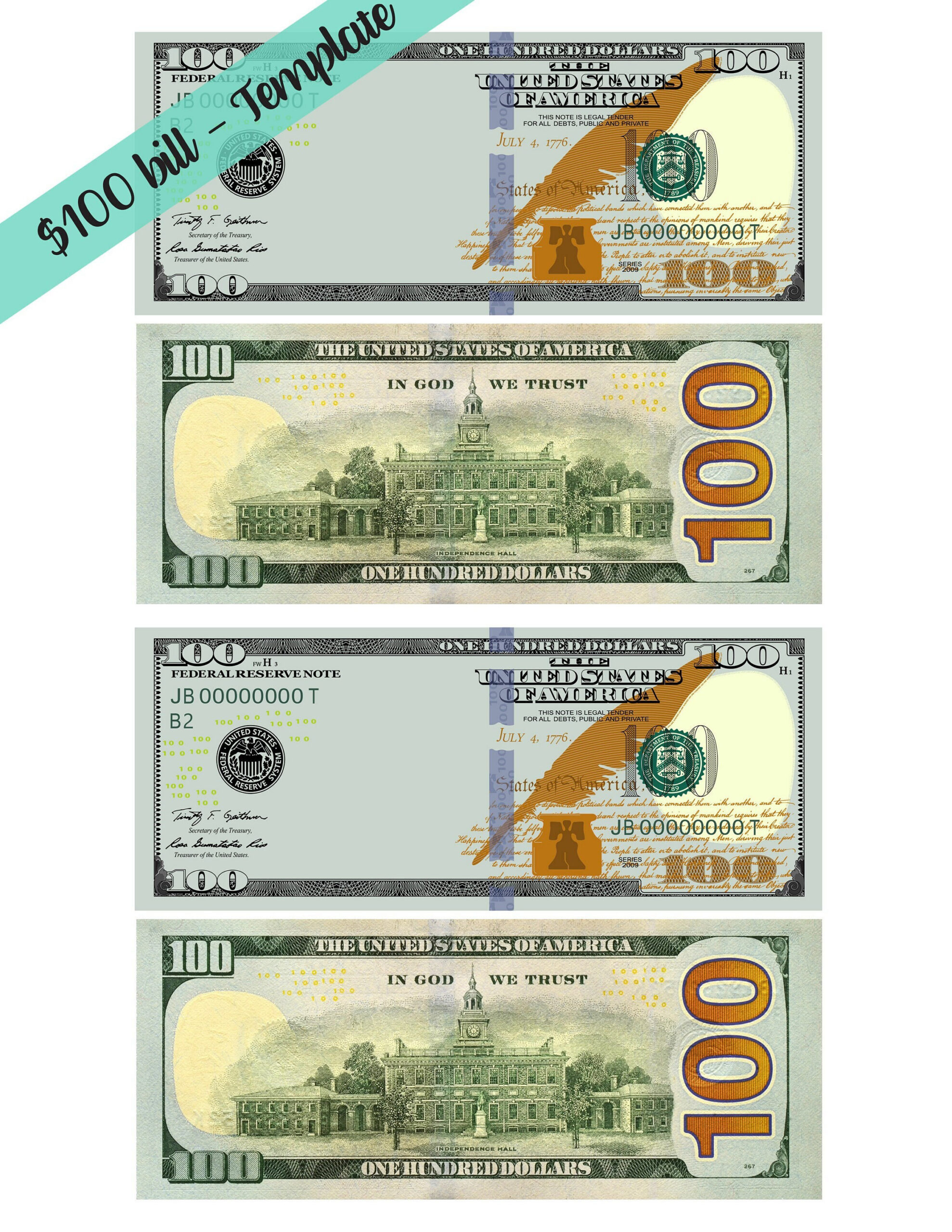 Printable 100 Dollar Bill - Etsy.de pertaining to Printable Fake 100 Dollar Bill