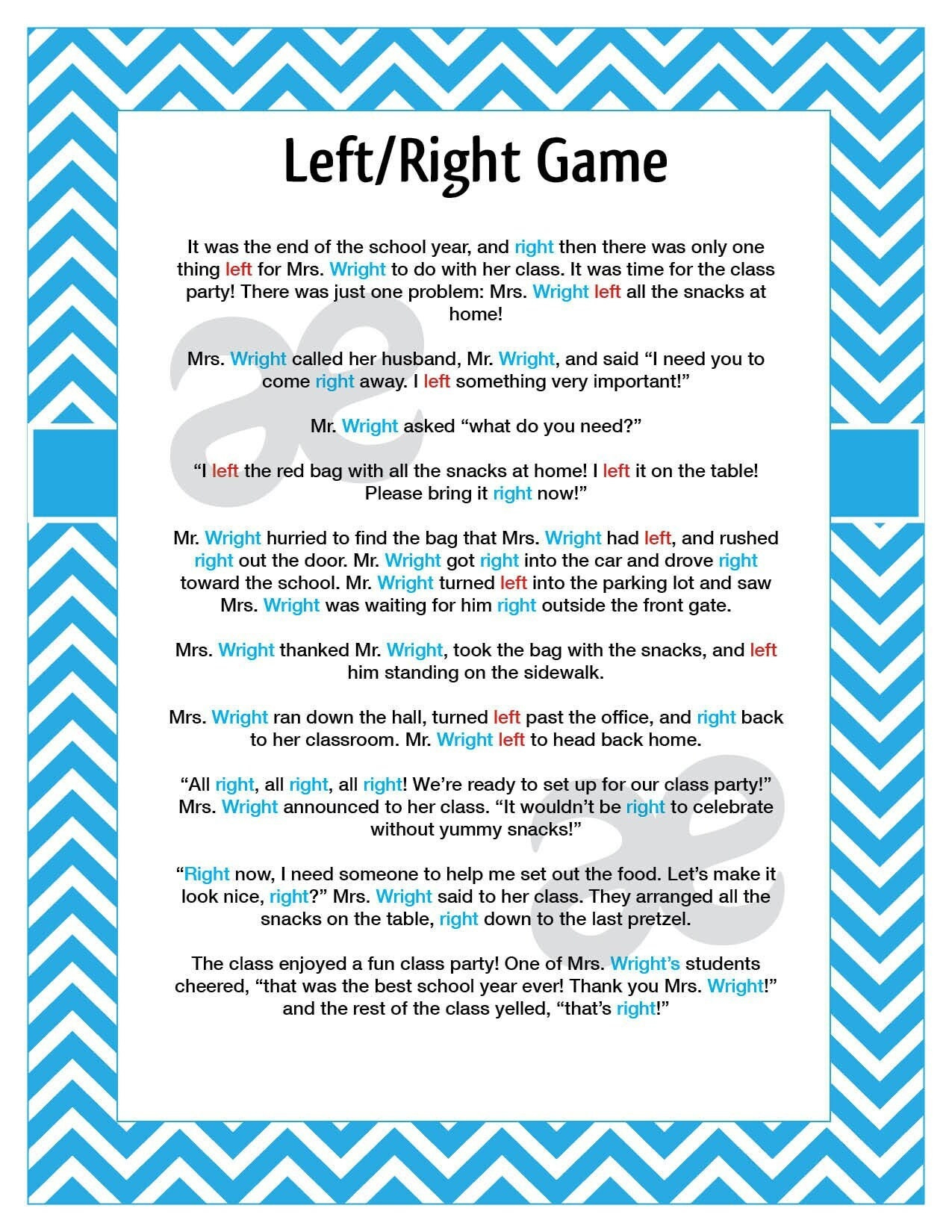 Printable End Of School Game: Left Right Game - Instant Download for Funny Left Right Story Game For Adults Printable