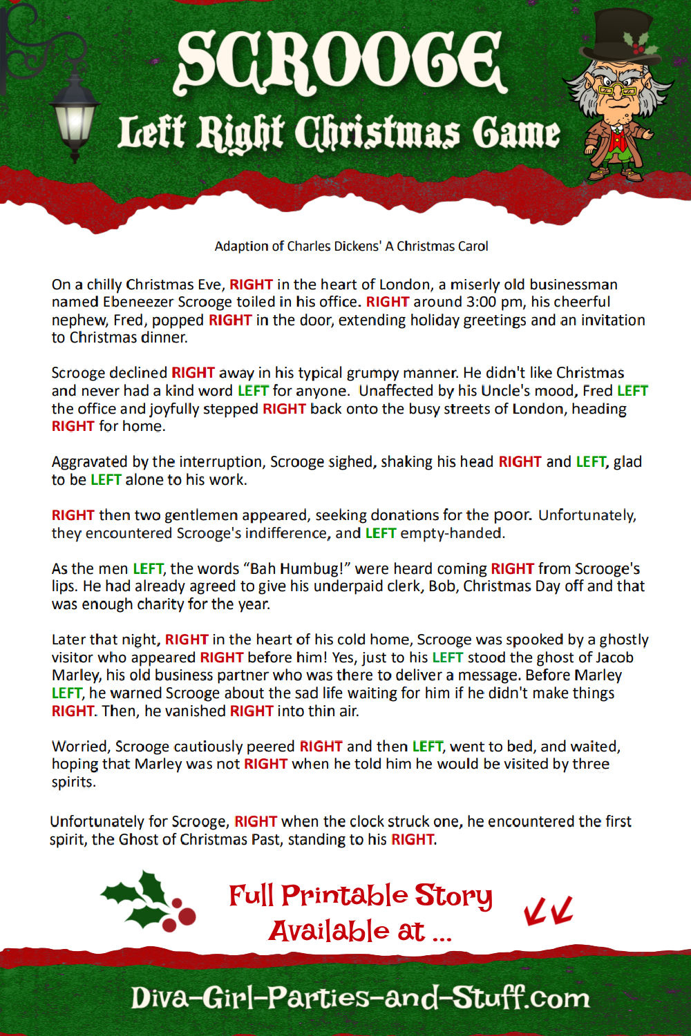 Printable Left Right Christmas Game Story Of Scrooge with Funny Left Right Story Game For Adults Printable