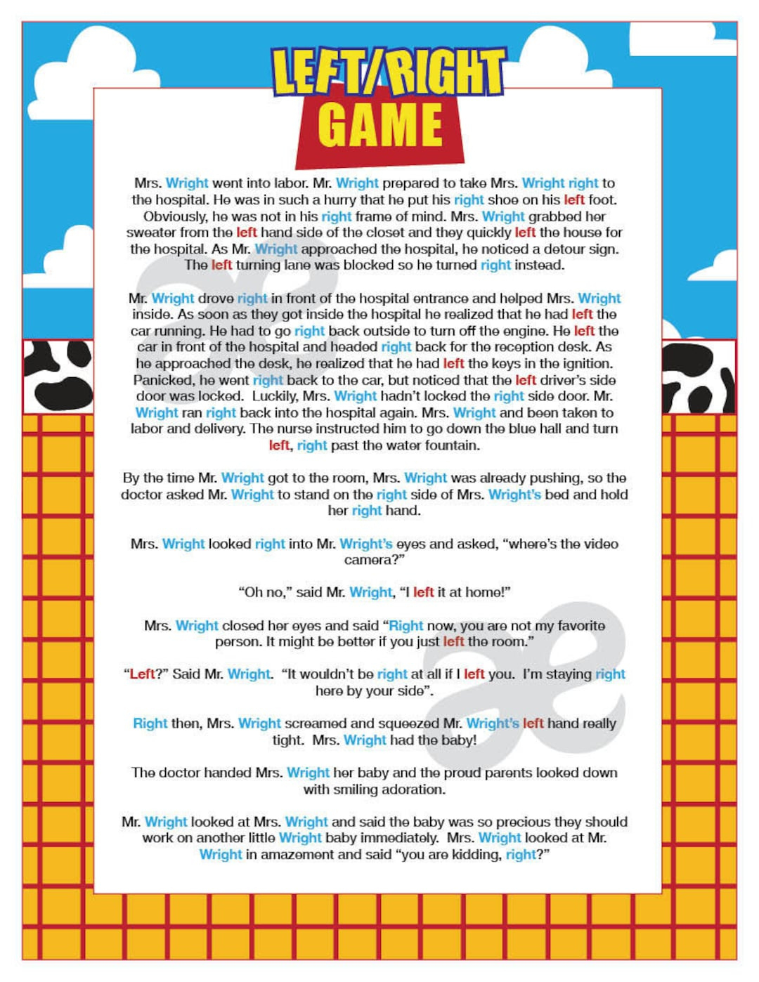 Printable Shower Game: Left Right Game - Instant Download Toy inside Funny Left Right Story Game For Adults Printable